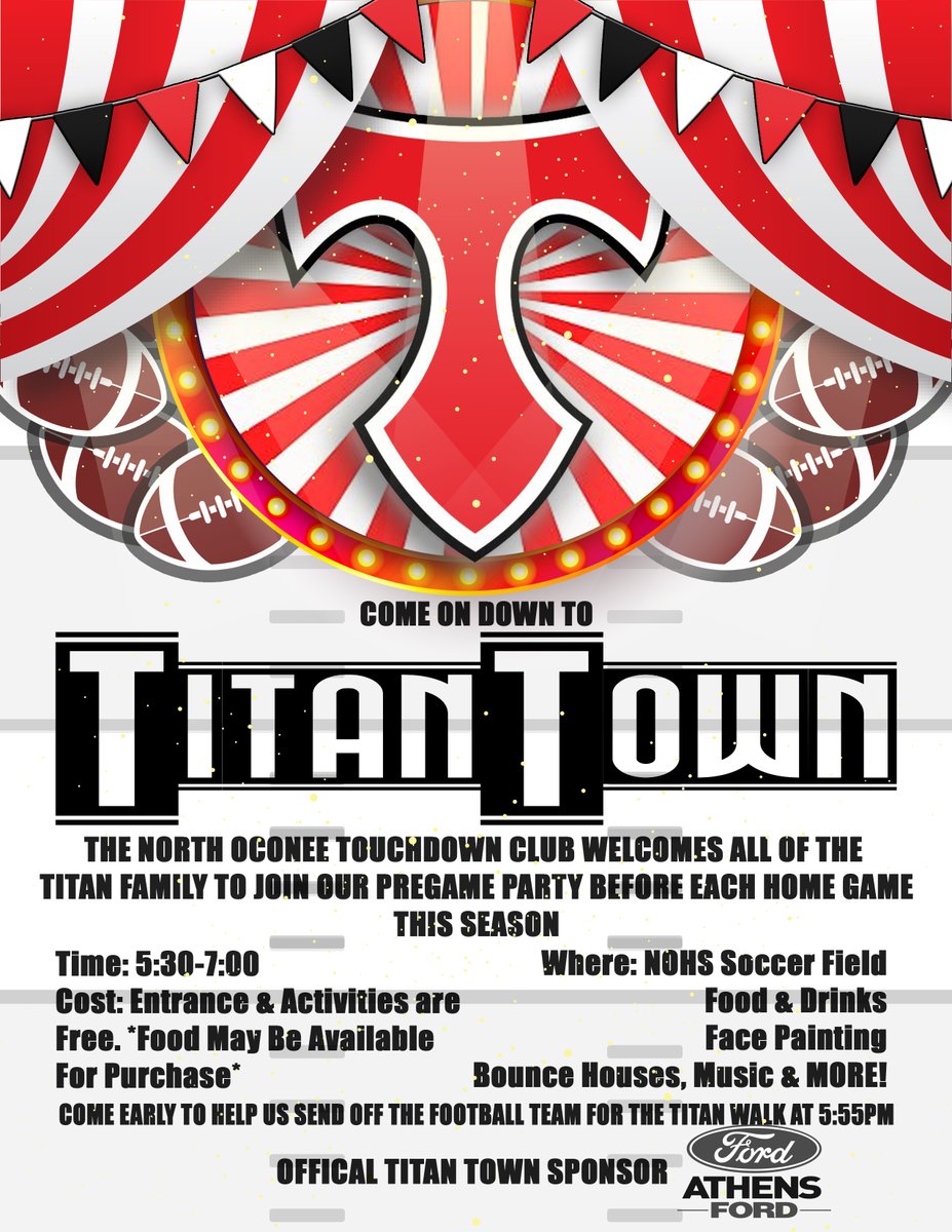 ⚫️🔴TITAN TOWN TAILGATE🔴⚫️
🎉Come Early for the Pregame Party🎉
Tailgate/Food/Games <a href="/5/">Reserved</a>:30
Titan Walk <a href="/5/">Reserved</a>:55
FNL @7:30
🛻Sponsored by <a href="/AthensFord/">Athens Ford</a> 💪🏼
#BeThereBeEarlyBeLoud
#HoldTheRope