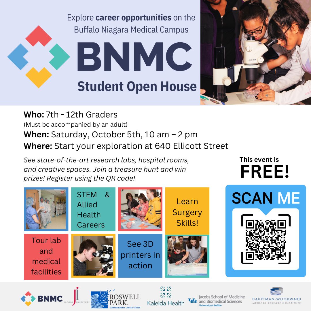 Calling All Future Innovators! Join us at the Buffalo Niagara Medical Campus for a day packed with hands-on experiences that will shape your future!

👩🏽‍💻 Who: 7th - 12th Graders (Adult supervision required)
📅 When: October 5th, 10 am – 2 pm
📍 Where: 640 Ellicott Street