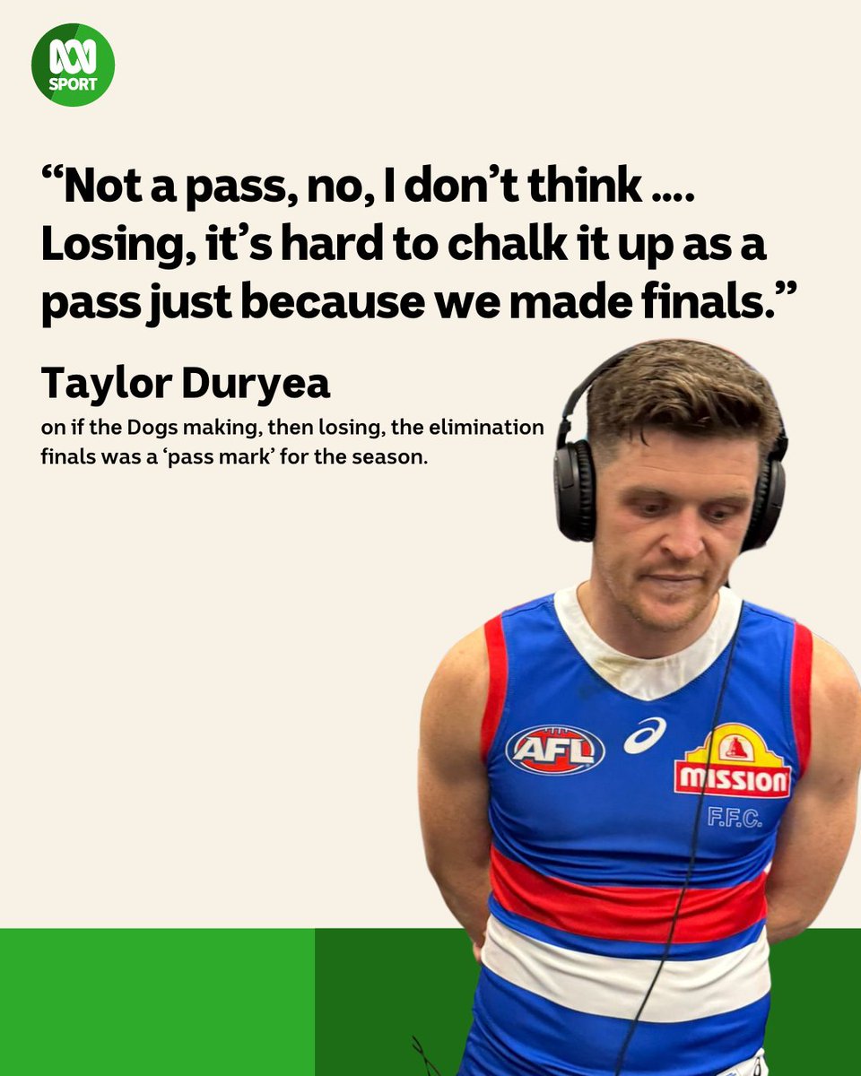 abcsport's tweet image. Taylor Duryea was understandably downcast after the Dogs' loss.

He said that losing in the elimination final was not a 'pass mark' for their season.

Live blog: ab.co/3XwJMCo 
Listen live: bit.ly/3X3q29g 

#AFLDogsHawks