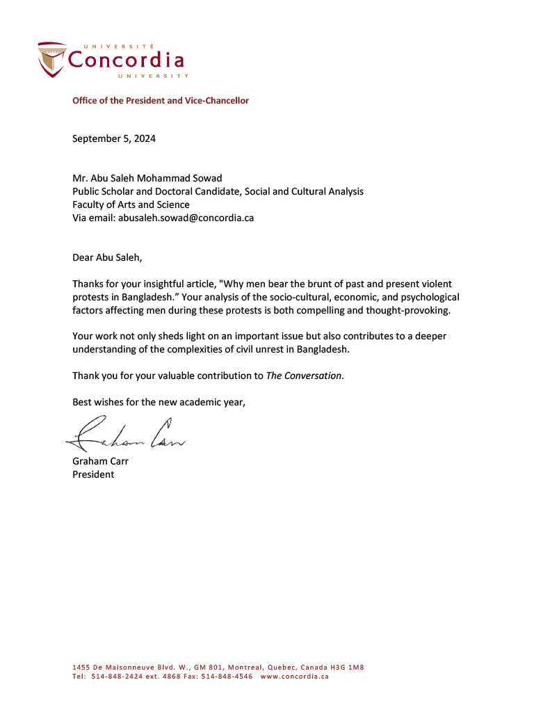 Graham Carr, president of Concordia University, has recognized my article "Why Men Bear the Brunt of Past and Present Violent Protests in Bangladesh." 

Thank you, Graham, for your support. I look forward to a productive academic year!

#PublicScholar #MenandMasculinities #Gender
