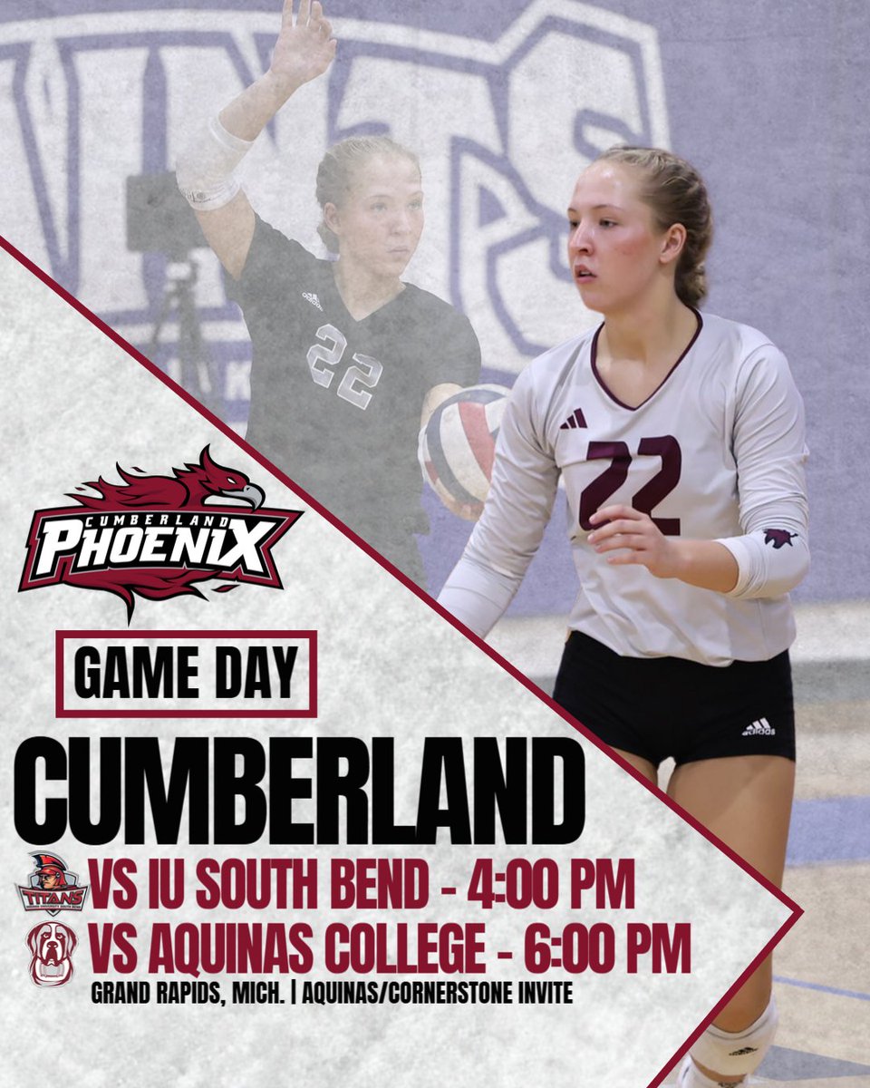 Cumberland Phoenix (@gocuphoenix) on Twitter photo Cumberland is back on the road for their final tournament of the regular season!
🆚 <a href="/IUSBTitans/">Titan Athletics</a>
📍 Grand Rapids, Michigan
⏰ 4:00 PM
🆚 <a href="/GoAquinasSaints/">GoAquinasSaints</a>
📍 Grand Rapids, Michigan
⏰ 6:00 PM
📺 tinyurl.com/3emd6jt8
📊 tinyurl.com/2zr9nt9d
#WeArePhoenix | <a href="/CumberlandVB/">Cumberland Women’s Volleyball</a> Cumberland is back on the road for their final tournament of the regular season!
🆚 <a href="/IUSBTitans/">Titan Athletics</a>
📍 Grand Rapids, Michigan
⏰ 4:00 PM
🆚 <a href="/GoAquinasSaints/">GoAquinasSaints</a>
📍 Grand Rapids, Michigan
⏰ 6:00 PM
📺 tinyurl.com/3emd6jt8
📊 tinyurl.com/2zr9nt9d
#WeArePhoenix | <a href="/CumberlandVB/">Cumberland Women’s Volleyball</a>