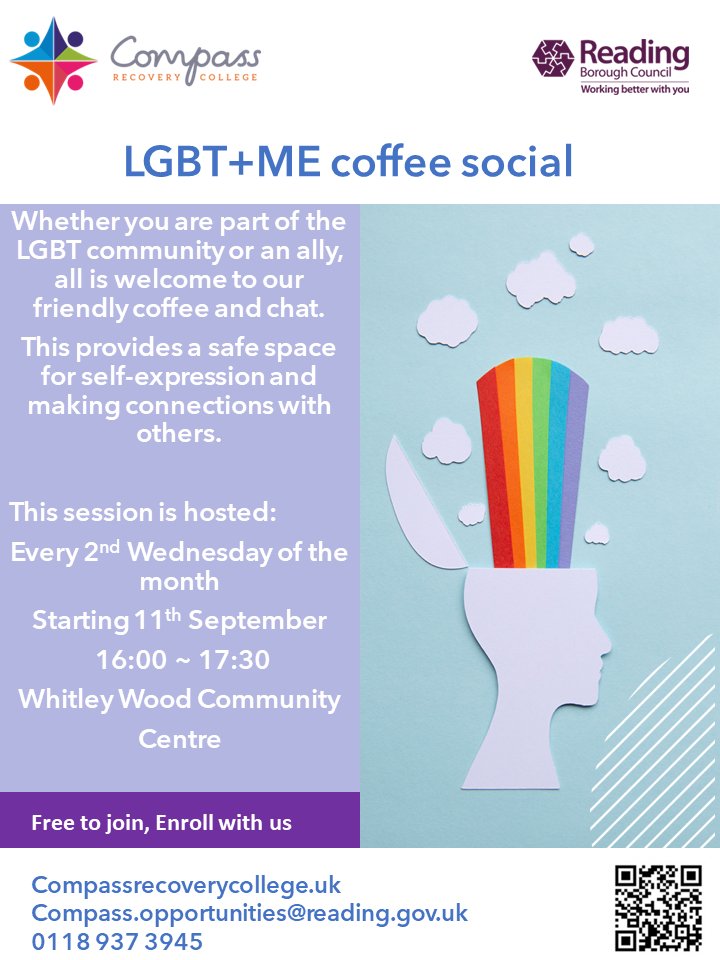 RecoveryCompass's tweet image. Are you an LGBTQIA+ member or an ally? 
Join us on the 11th September as we host our first 'LGBT+Me' coffee social.
This is a safe and friendly environment to socialise, make connections and receive peer support.