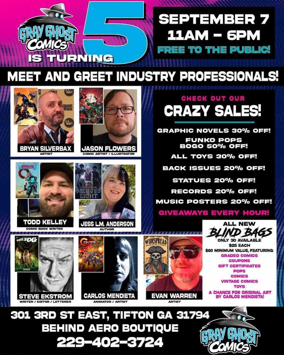 Gray Ghost Comics is turning 5️⃣ THIS Saturday! Congratulations to their team on these great years in Downtown Tifton! Now let's celebrate! Check out this lineup of awesome guests, crazy sales &amp; so much more! Let's help congratulate them and wish them many more! 🥳

#thinktifton