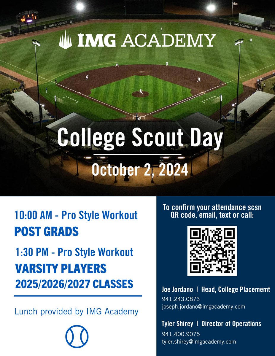 🚨 COLLEGE COACHES 🚨

We are hosting our Annual College Scout Day on Wednesday, October 2nd.

For more information, contact <a href="/CoachJordano/">Joseph J. Jordano, M.Ed.</a> or Tyler Shirey. You can also scan the QR Code to lock in your attendance.