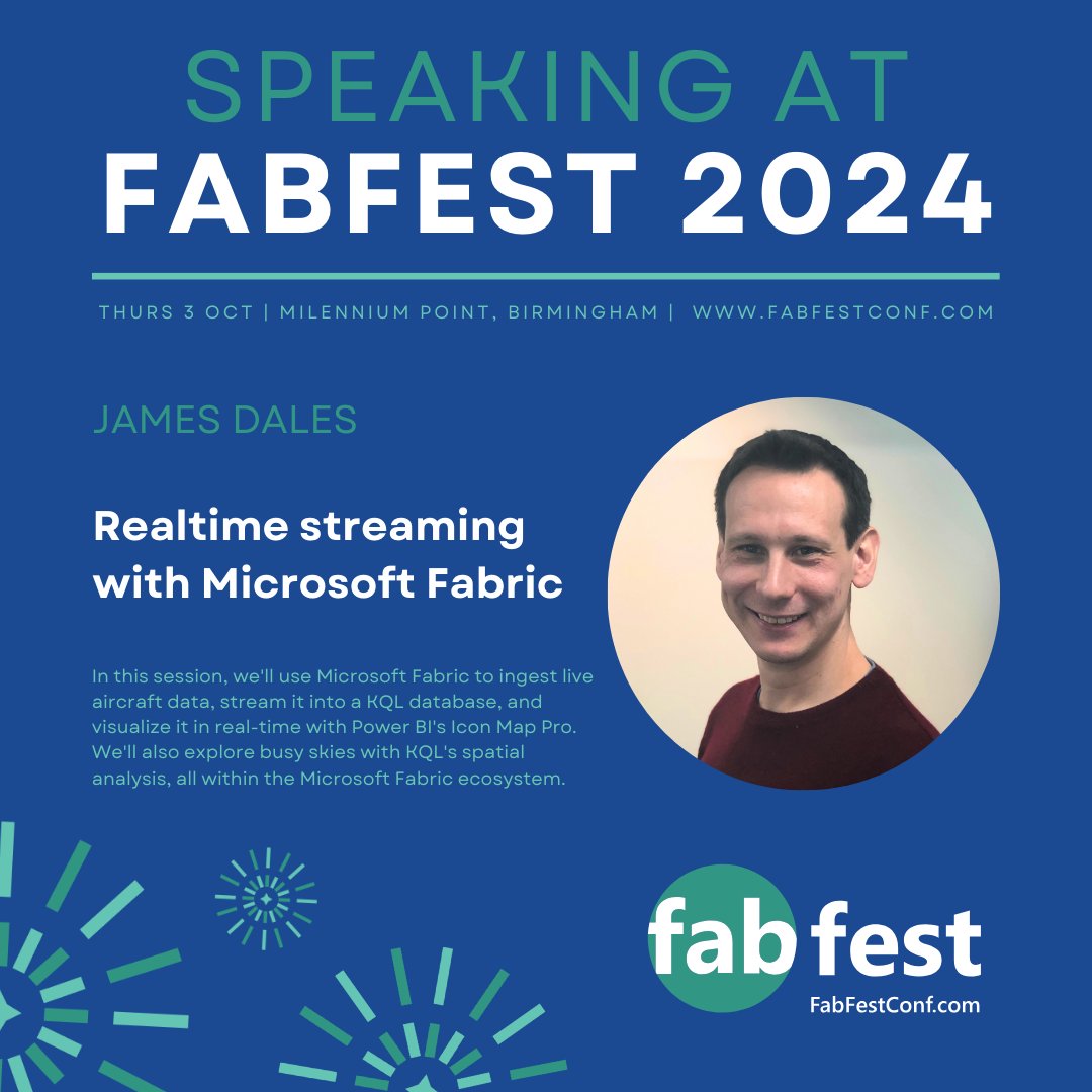FabFestConf (@fabfestconf) on Twitter photo ✈️ Join <a href="/jamesdales/">James Dales</a> at #FabFest2024 for a live demo of Microsoft Fabric streaming real-time aircraft data!
See flight tracking, analysis, and visualisation with Power BI. Don’t miss out!🌐📊
⬇️
fabfestconf.com
#DataStreaming #Birmingham ✈️ Join <a href="/jamesdales/">James Dales</a> at #FabFest2024 for a live demo of Microsoft Fabric streaming real-time aircraft data!
See flight tracking, analysis, and visualisation with Power BI. Don’t miss out!🌐📊
⬇️
fabfestconf.com
#DataStreaming #Birmingham