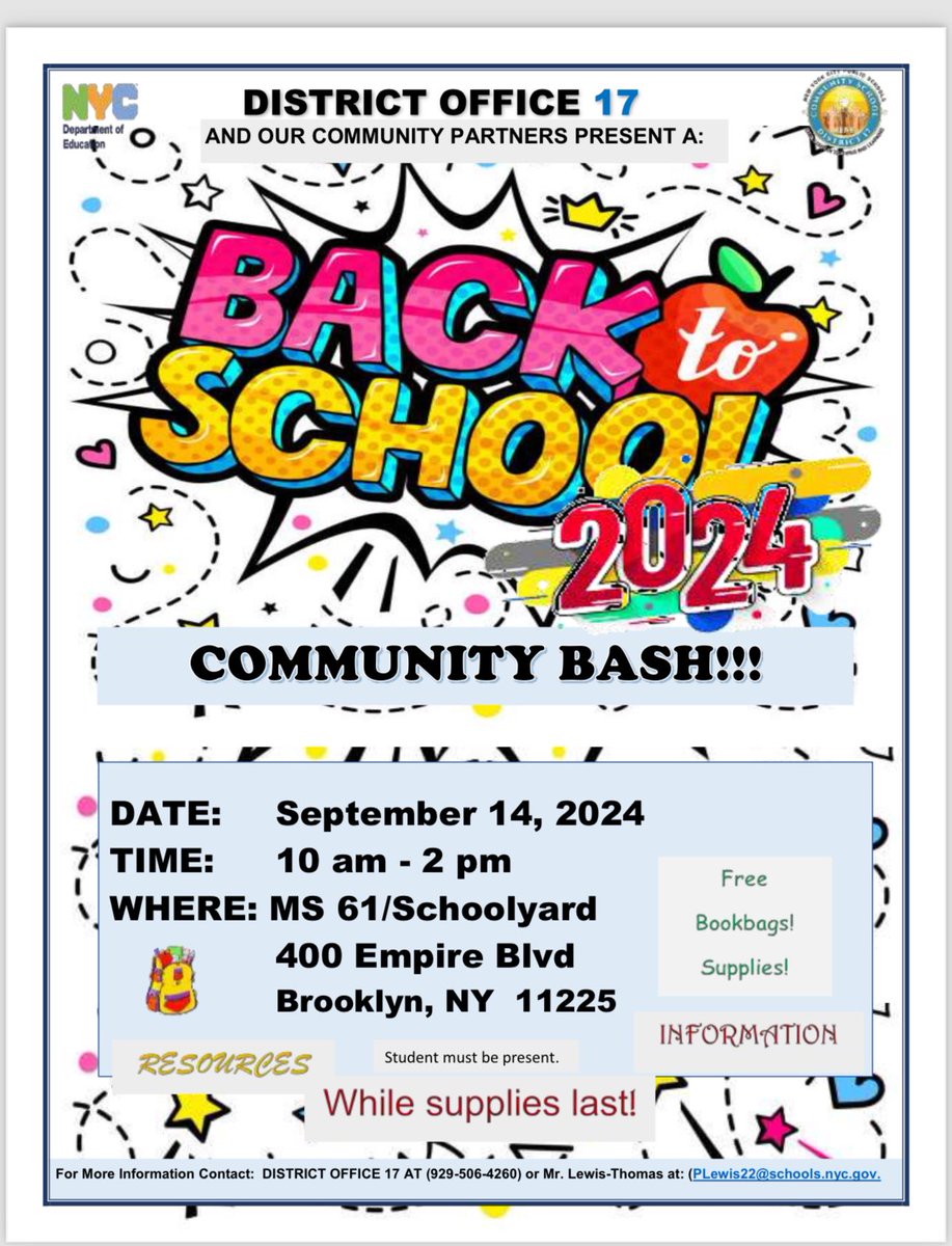 Philton (@philton73287848) on Twitter photo Join us on Saturday, September 14th from 10am to 2pm for CSD 17 Back-to-School Bash. There will be Music, Vendors, Games, Popcorn, Backpacks, and School Supplies giveaways while supplies last. See flyer below. <a href="/SheneanL/">Shenean Lindsay</a> <a href="/RitaJosephNYC/">Rita Joseph</a> <a href="/CEC17NYC/">CEC17</a> <a href="/NYAMCunningham/">Assembly Member Brian Cunningham</a> <a href="/CMFarahLouis/">Council Member Farah N. Louis</a> Join us on Saturday, September 14th from 10am to 2pm for CSD 17 Back-to-School Bash. There will be Music, Vendors, Games, Popcorn, Backpacks, and School Supplies giveaways while supplies last. See flyer below. <a href="/SheneanL/">Shenean Lindsay</a> <a href="/RitaJosephNYC/">Rita Joseph</a> <a href="/CEC17NYC/">CEC17</a> <a href="/NYAMCunningham/">Assembly Member Brian Cunningham</a> <a href="/CMFarahLouis/">Council Member Farah N. Louis</a>