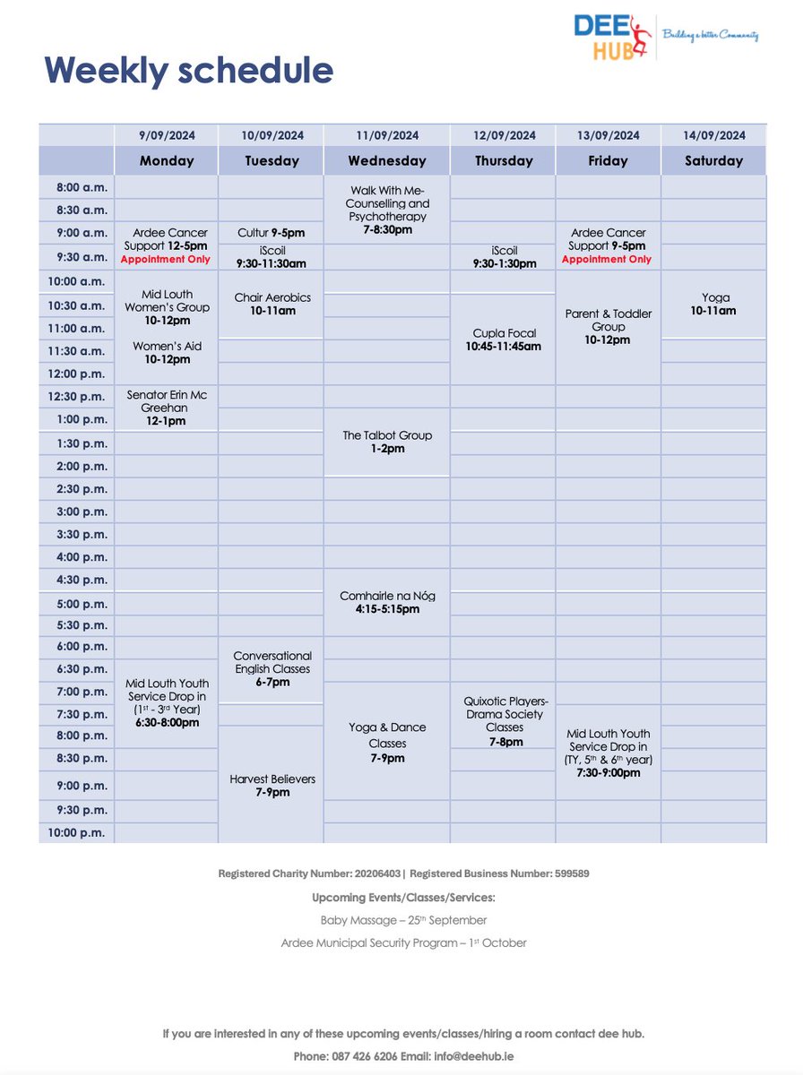 DeeHubArdee's tweet image. dee hub timetable 9/9/24