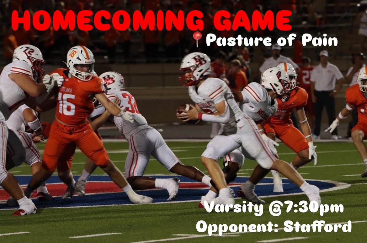 GAME DAY! Tonight @7:30 show up to the Pasture of Pain and show support for the Brahmas for the HOMECOMING game! Let’s go Brahmas! 🐮❤️

#BellvilleFootball #BellvilleSports #Brahmas