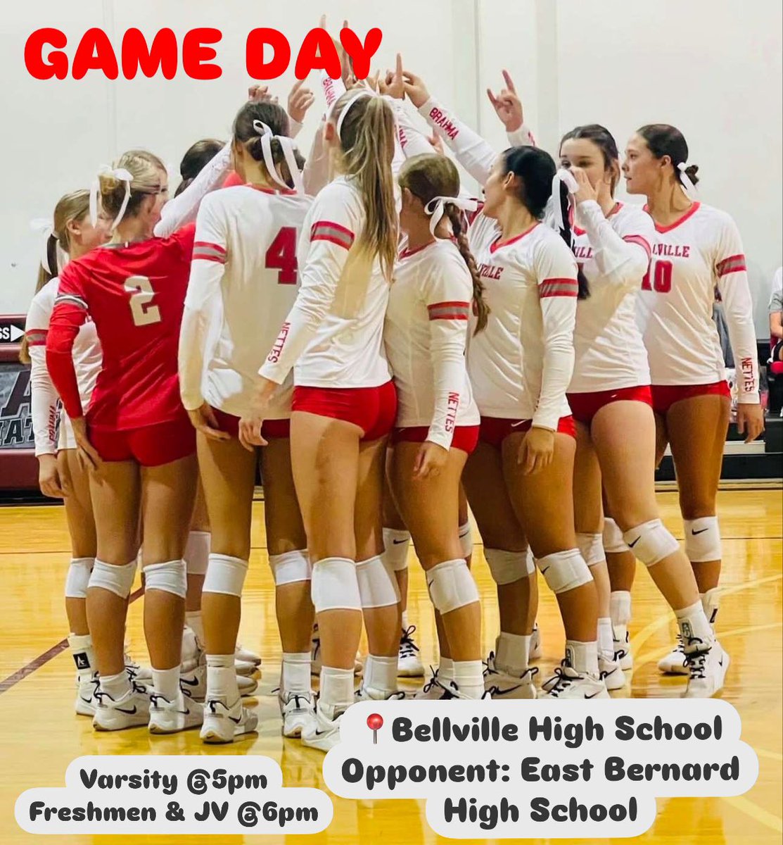 GAME DAY for the Brahmanettes also!!! Come support your Brahmanettes right here in Bellville as they take on East Bernard! Tonight @5:00pm &amp; 6:00pm!🐮❤️

#BellvilleSports #BellvilleVolleyball #Brahmanettes