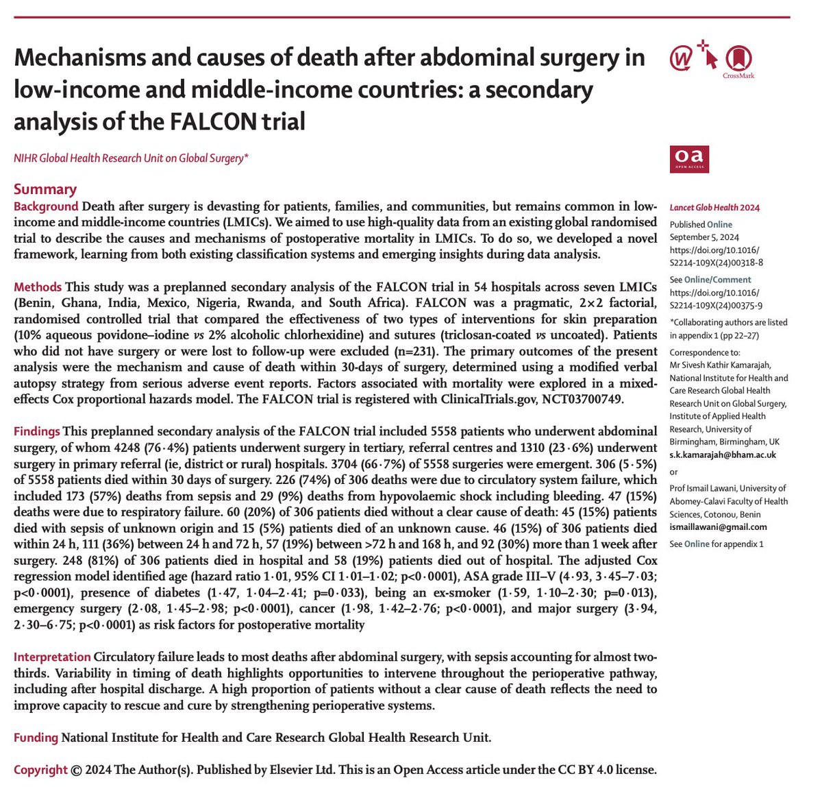 Sivesh K Kamarajah (@sivesh93) on Twitter photo Delighted to share the next <a href="/NIHR_GSU/">NIHR Global Surgery</a> publication in <a href="/LancetGH/">The Lancet Global Health</a> examining causes and mechanisms of postoperative death after major surgery now published!
🔗:thelancet.com/journals/langl…
<a href="/NIHRglobal/">NIHR Global Health</a>
A short 🧵 below: Delighted to share the next <a href="/NIHR_GSU/">NIHR Global Surgery</a> publication in <a href="/LancetGH/">The Lancet Global Health</a> examining causes and mechanisms of postoperative death after major surgery now published!
🔗:thelancet.com/journals/langl…
<a href="/NIHRglobal/">NIHR Global Health</a>
A short 🧵 below: