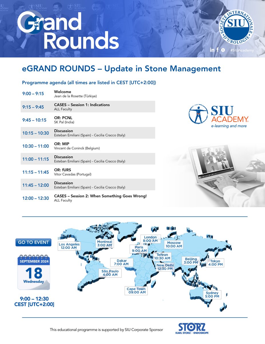 🕚 LESS THAN 2 WEEKS LEFT! Don't miss our second 2024 #eGrandRounds on #SIUAcademy. Join the faculty for an Update in #StoneManagement!   

Registration is free, sign up today! 🔗 bit.ly/48tmmjO  
September 18, 2024, 9:00 - 12:30 CEST (UTC +2)   
#MIP #PCNL #fURS