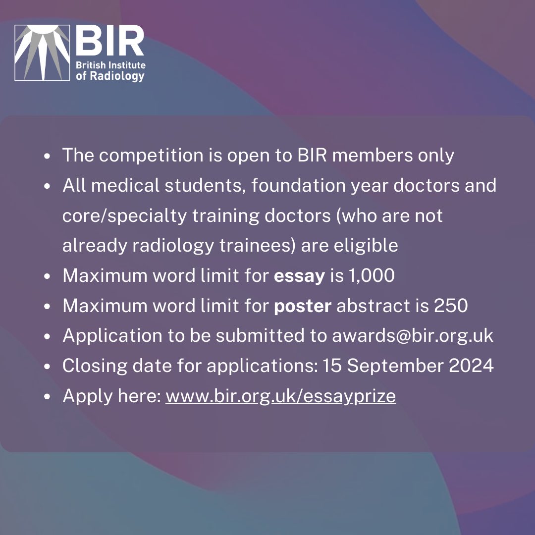 BIR_YPAT is excited to announce our Future of Radiology Essay and Quality Improvement/Audit competitions! Click the below links for more information

tinyurl.com/Essay-Prize
 
tinyurl.com/Audit-Prize