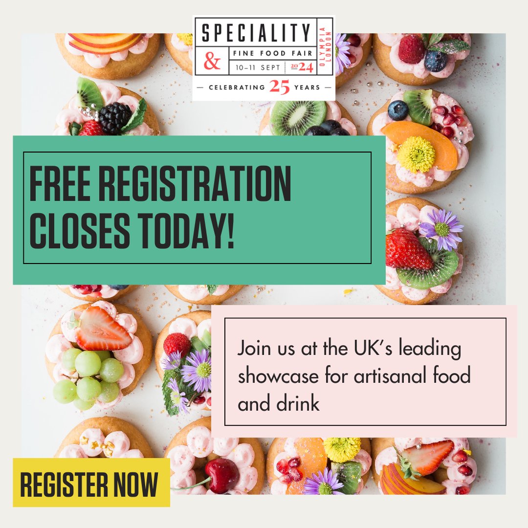 LAST CALL! FREE REGISTRATION for #SFFF24 closes at 11:59 PM TODAY!🚨 Don’t miss your chance to be part of the largest showcase of artisanal food &amp; drink on Sept 10-11, 2024, at Olympia London. Sign up now! 👉 eu1.hubs.ly/H0c8BLF0 

*Trade professionals only.