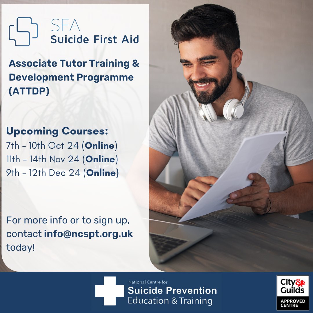 NCSPET_UK's tweet image. 📢 Spaces Still Available:
7th - 10th October 2024
11th - 14th November 2024
9th - 12th December 2024
(All online via Zoom)

To learn more about this course or apply, please contact info@ncspt.org.uk today!

#suicideprevention #tutortraining #mentalhealth #mentalhealthmatters