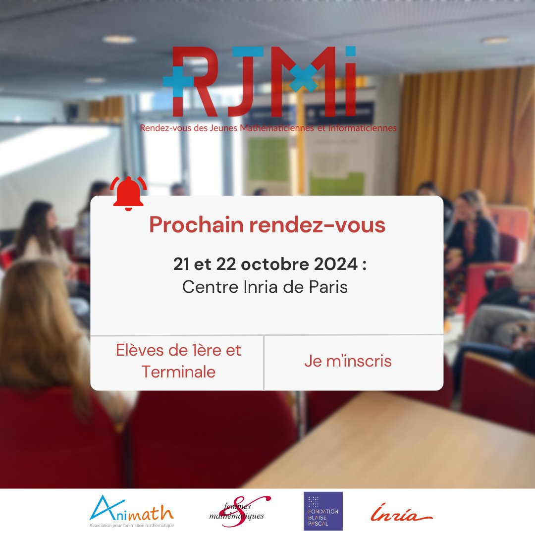 Filles, maths et informatique (@fillesetmaths) on Twitter photo 🚨 Les inscriptions au #RJMI à l'<a href="/inria_paris/">Centre Inria de Paris</a> sont toujours ouvertes !
📅 21 et 22 octobre 2024
Ne manque pas cette opportunité unique d'échanger avec d'autres passionnées et professionnelles. 📊✨
🤩 Inscris-toi vite ici : docs.google.com/forms/d/e/1FAI… 🚨 Les inscriptions au #RJMI à l'<a href="/inria_paris/">Centre Inria de Paris</a> sont toujours ouvertes !
📅 21 et 22 octobre 2024
Ne manque pas cette opportunité unique d'échanger avec d'autres passionnées et professionnelles. 📊✨
🤩 Inscris-toi vite ici : docs.google.com/forms/d/e/1FAI…