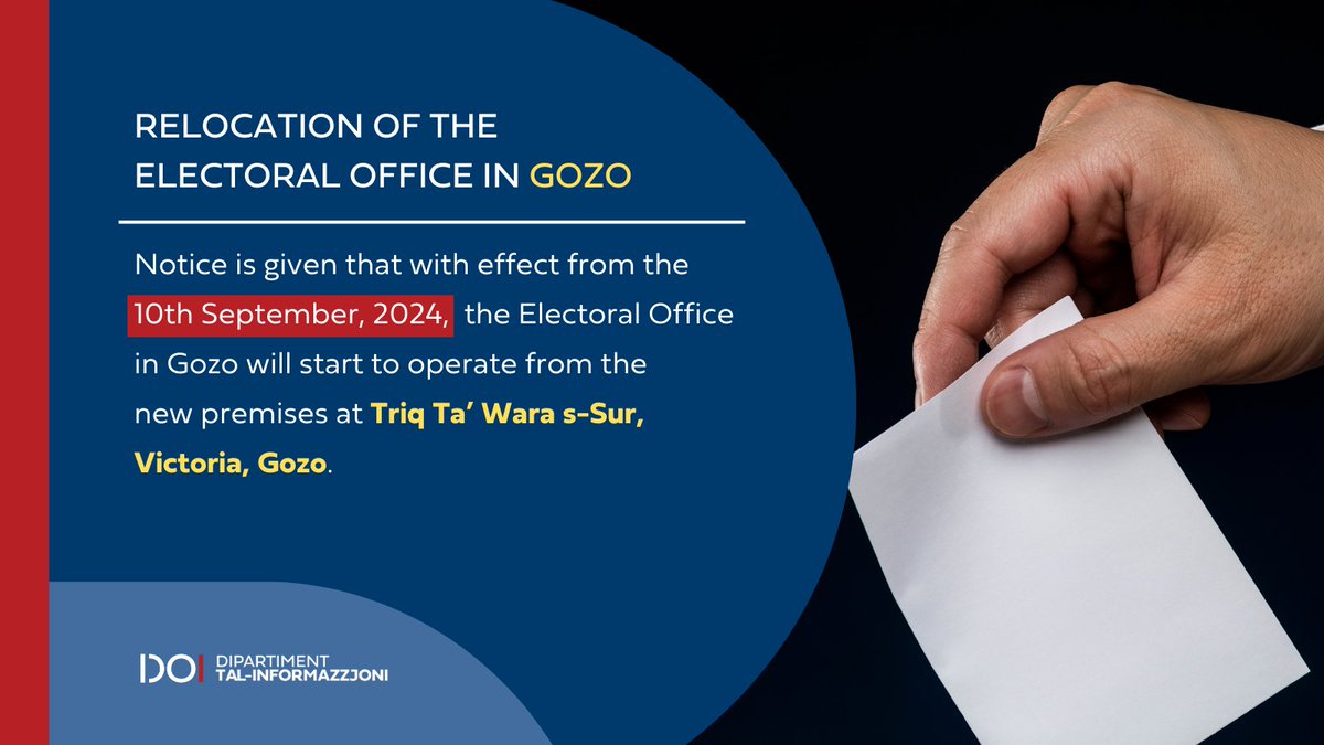 As of 10th September 2024, the Electoral Office in Gozo will begin operating from its new premises at Triq Ta' Wara s-Sur, Victoria, Gozo.

Services related to the issuance of identity cards will continue to be provided by Identità at its office in St. Francis Square, Victoria.