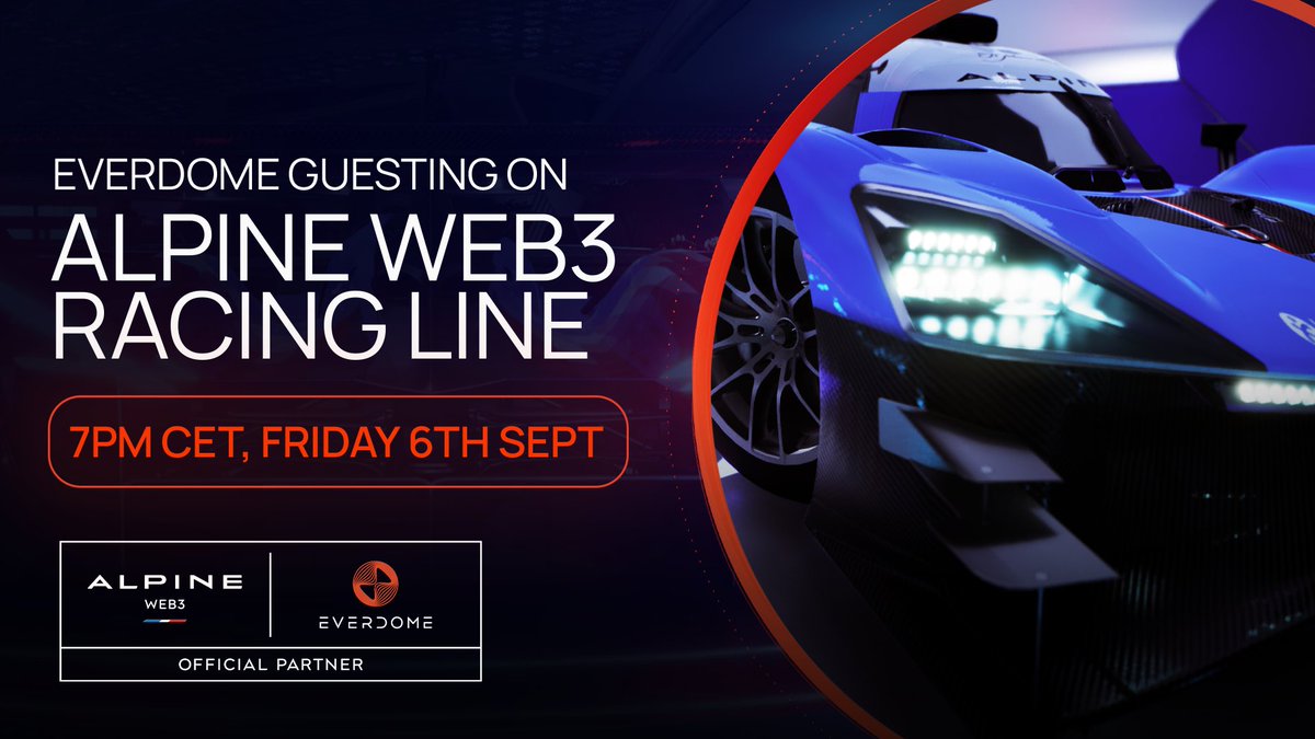 Everdome (@everdome_io) on Twitter photo AMA action today.🎙️Talking metaverse & motorsport with <a href="/AlpineSimRacing/">Alpine Sim Racing</a> & <a href="/Alpine_Web3/">Alpine Web3</a> in their September Racing Line.🏁
Join Everdome's Dave Cairns, <a href="/arr2rro/">Artur</a> & <a href="/G_Vergnas/">Guillaume Vergnas</a> of Alpine Web3 in Discord.
👉discord.gg/qxUhdEpd82
⏰ 7pm CET. TODAY
#ImagineTheMetaverseDifferently AMA action today.🎙️Talking metaverse & motorsport with <a href="/AlpineSimRacing/">Alpine Sim Racing</a> & <a href="/Alpine_Web3/">Alpine Web3</a> in their September Racing Line.🏁
Join Everdome's Dave Cairns, <a href="/arr2rro/">Artur</a> & <a href="/G_Vergnas/">Guillaume Vergnas</a> of Alpine Web3 in Discord.
👉discord.gg/qxUhdEpd82
⏰ 7pm CET. TODAY
#ImagineTheMetaverseDifferently