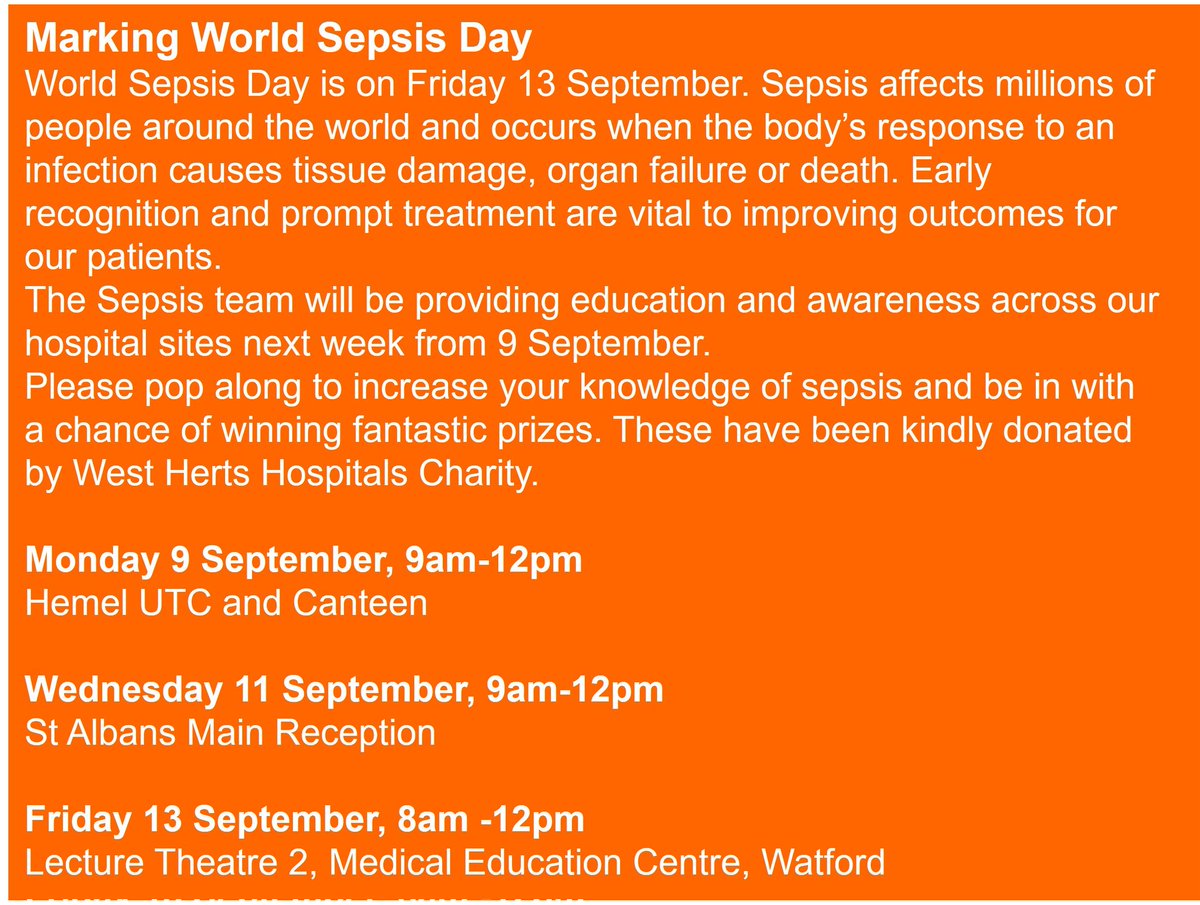 Harm Free Care π (@westhertshfc) on Twitter photo 1 Week till World Sepsis Day! 
Our Sepsis CNS Lynette will be visiting all three sites providing education and awareness next week. Please pop along and say hello! π 1 Week till World Sepsis Day! 
Our Sepsis CNS Lynette will be visiting all three sites providing education and awareness next week. Please pop along and say hello! π