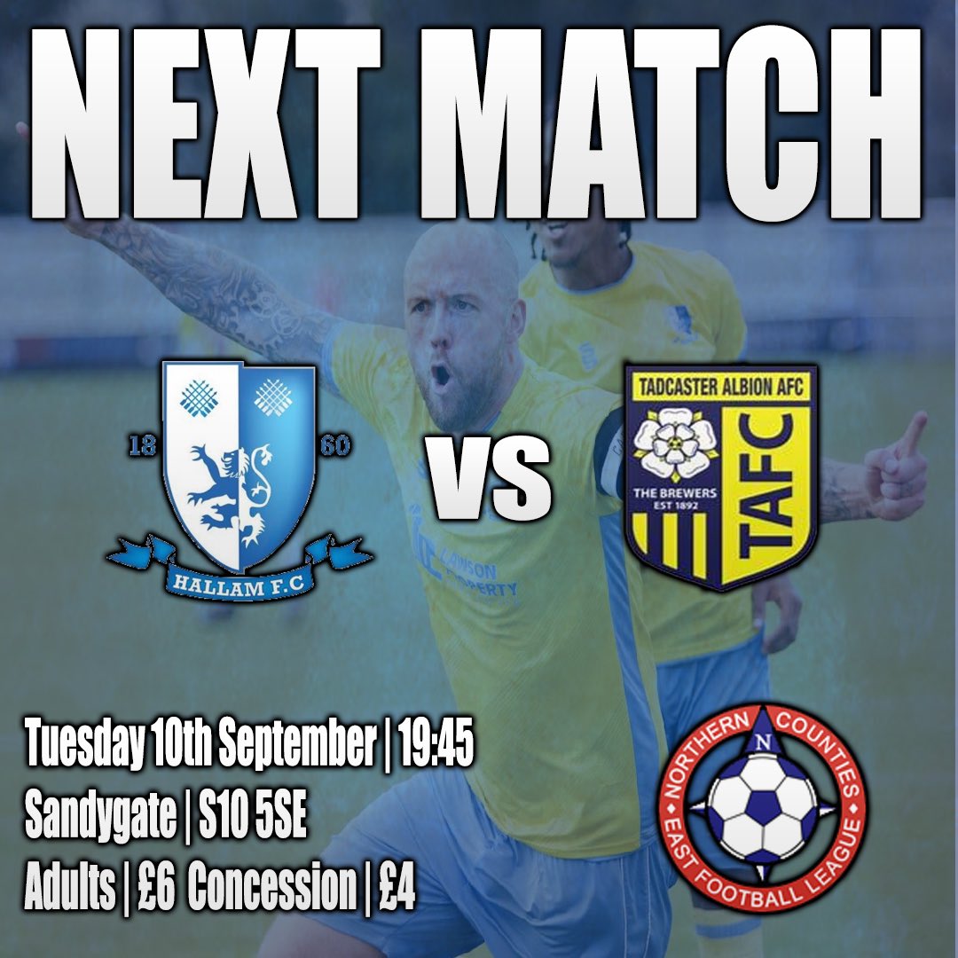 Hallam FC (@hallamfc1860) on Twitter photo Before we get up for the cup, we have a HUGE league game on Tuesday night under the lights.
We welcome <a href="/TadcasterAlbion/">Tadcaster Albion</a> to Sandygate with another important three points up for grabs.
As always, all are welcome! ๐๐ป๐
#HallamFC Before we get up for the cup, we have a HUGE league game on Tuesday night under the lights.
We welcome <a href="/TadcasterAlbion/">Tadcaster Albion</a> to Sandygate with another important three points up for grabs.
As always, all are welcome! ๐๐ป๐
#HallamFC