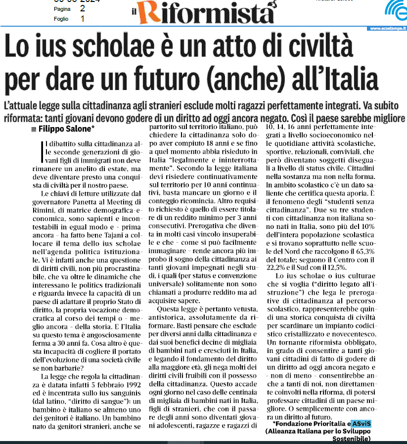 Il dibattito su #iusscholae è troppo importante per esaurirsi col finire dell'estate. 
Occorre presto un intervento normativo per tutelare chi da anni frequenta le scuole in Italia e vede negato il proprio #diritto di cittadinanza. 
Più che una riforma, una conquista di #civiltà