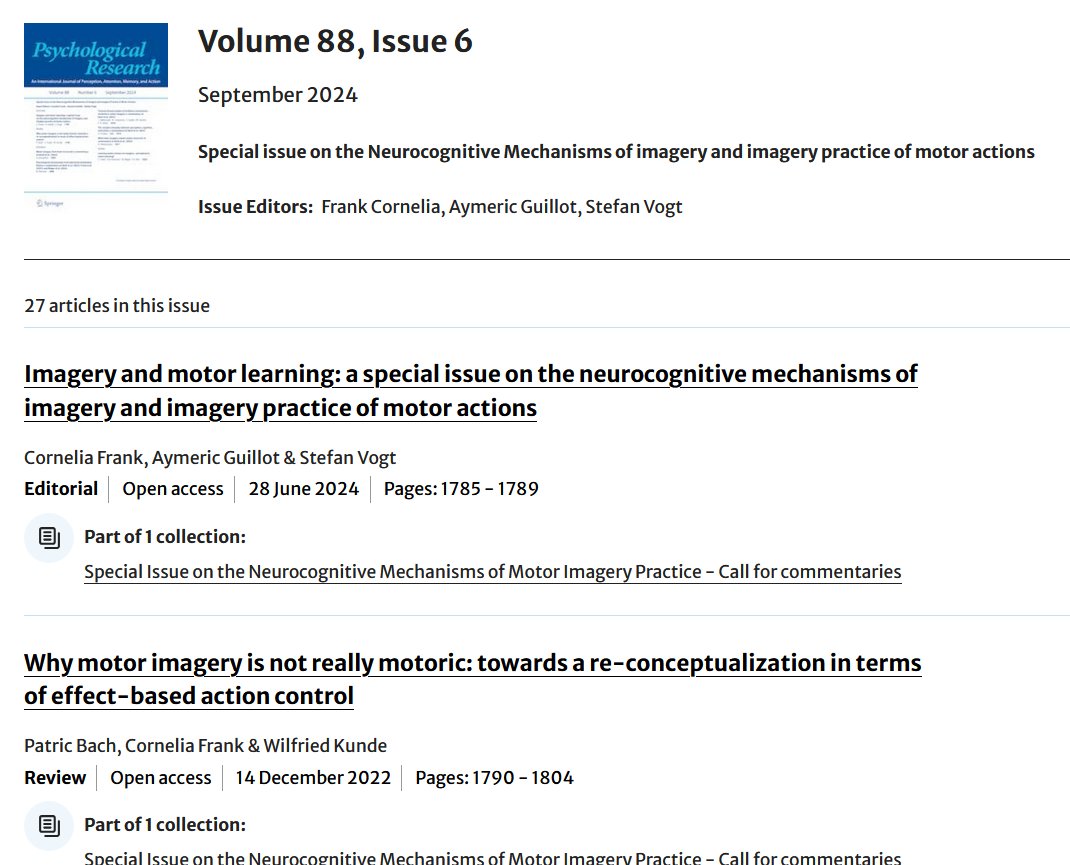 Now published: Special issue on the neurocognitive mechanisms of imagery and imagery practice of motor Actions: tinyurl.com/3b33bhv3
5 Position papers and more than 20 commentaries from the areas of imagery/ motor control/ motor learning. Sincere thanks to all contributors!