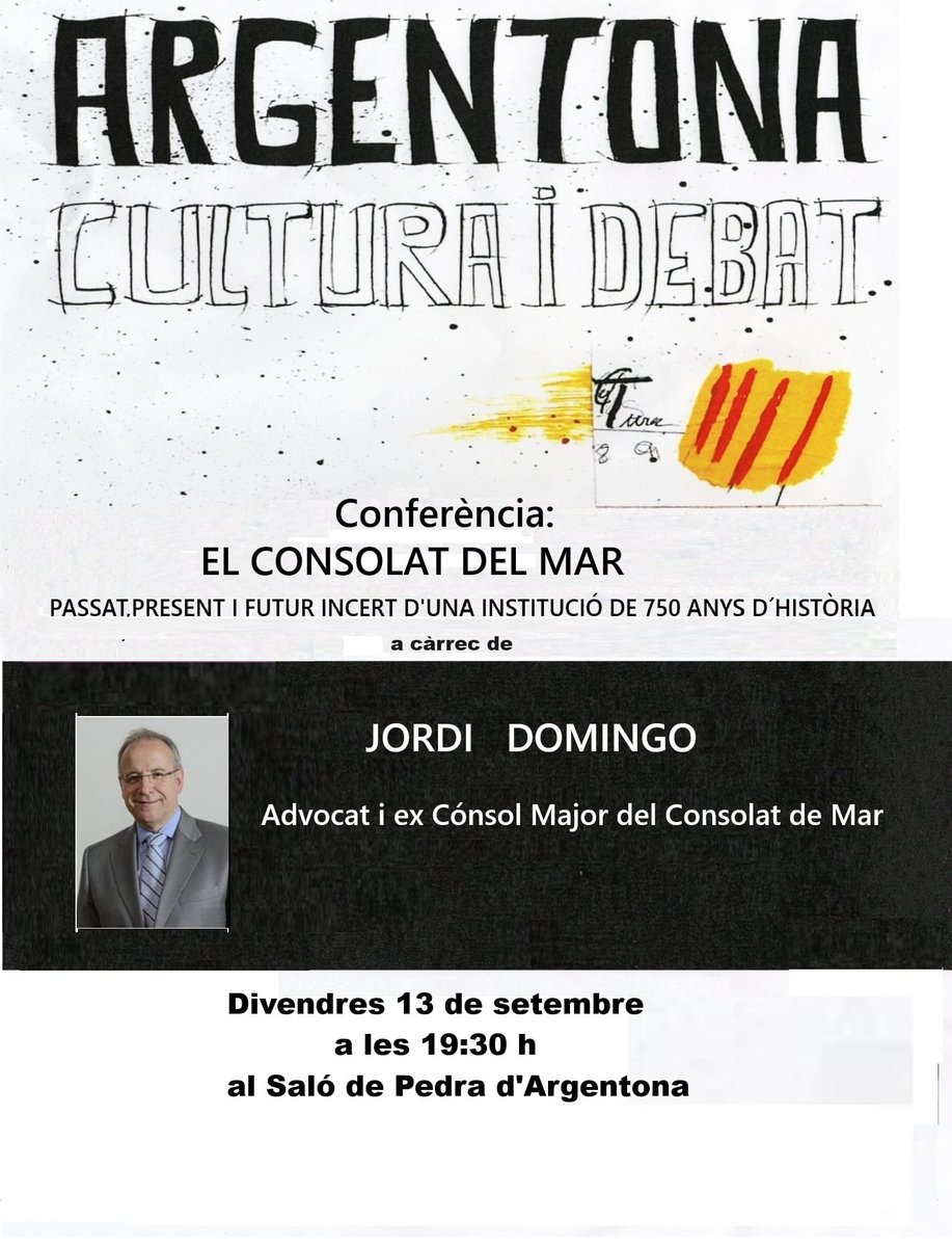 S'acaba l'estiu, però seguim amb les conferències sobre el passat, present i futur del Consolat de Mar. 
Divendres que ve, 13 de setembre, a les 19:30h, ens veiem amb l'ex cònsol major, <a href="/JordiDomingoGM/">Jordi Domingo</a> a Argentona!