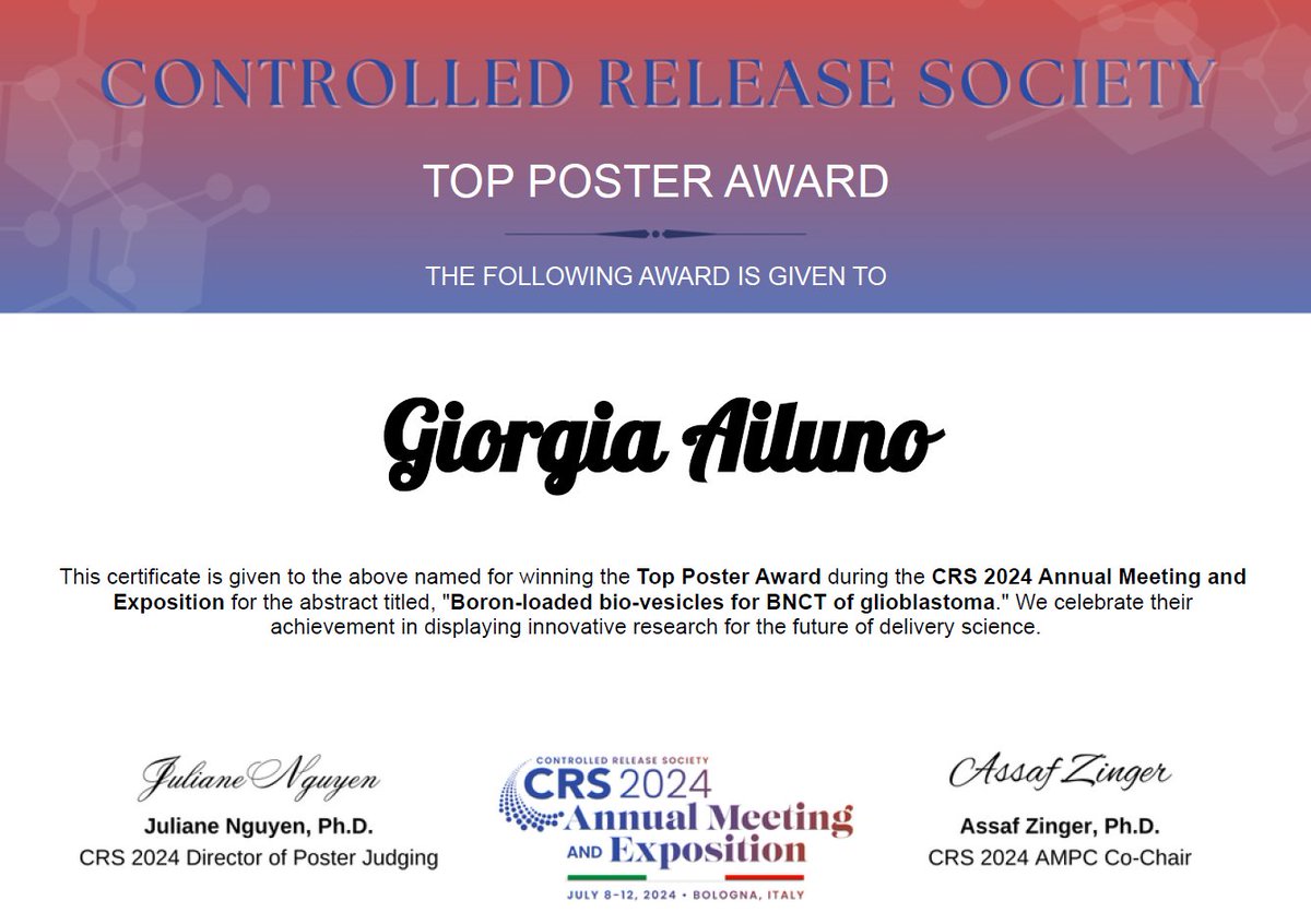 Giorgia Ailuno (@ailunogiorgia) on Twitter photo So thrilled and grateful for this acknowledgement from the CRS 2024 Poster Judging Committee! I'm so glad that the quality of our research is being recognized.
<a href="/CRSScience/">Controlled Release Society</a> <a href="/CRS_Italia/">CRS Italy Local Chapter</a> So thrilled and grateful for this acknowledgement from the CRS 2024 Poster Judging Committee! I'm so glad that the quality of our research is being recognized.
<a href="/CRSScience/">Controlled Release Society</a> <a href="/CRS_Italia/">CRS Italy Local Chapter</a>