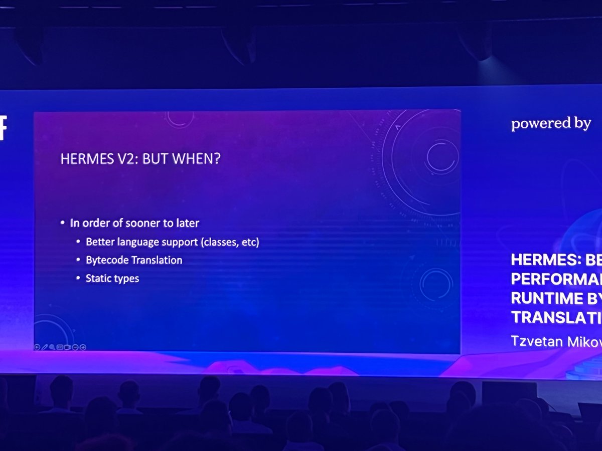 mdj_dev's tweet image. Hermes v2 improvements coming “really soon”:
🔹 ES features (classes, let/const, async generators)
💙 Bytecode translation (~50% faster)

Coming later: 
🔸 Static Hermes

@tmikov at #ReactUniverseConf