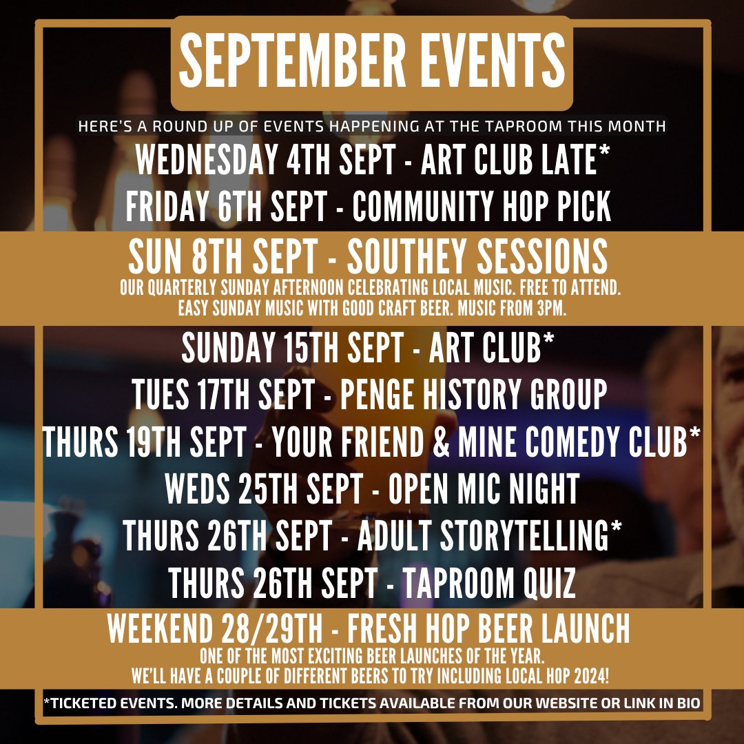 📣 September events at your local brewery!

Can you believe it's September already?!
We're back to our usual packed month of events and activities here at your local brewery and taproom.
See you soon down the alley in #Penge
#SE20 #londontaproom
🎟:southeybeershop.com/pages/events