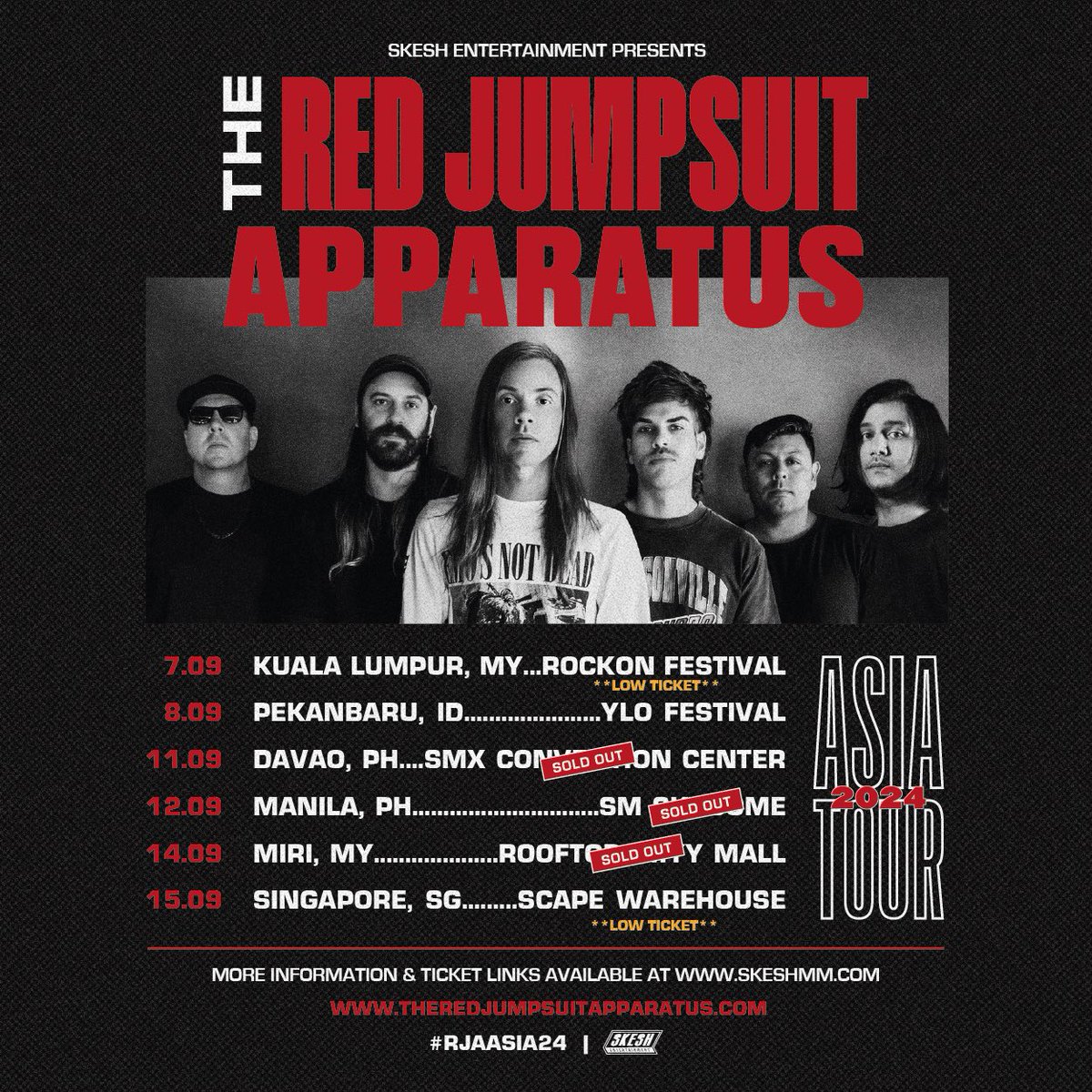 Who's excited to see @redjumpsuit across Asia this month?! Get your tickets while you can! #RJAASIA24 #RedJumpsuitApparatus #SkeshEntertainment