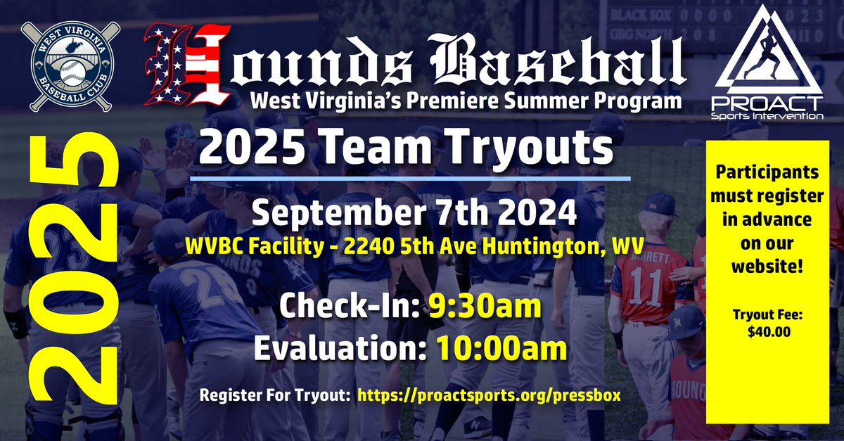 Huntington Hounds (@houndsbaseball) on Twitter photo Existing Hounds players that r planning 2 return 4 our 2025 season, must register through our Pressbox to be selected for next yr's teams.  If registration isn't completed, players will not be eligible for selection for a 2025 team.
Please register at proactsports.org/pressbox Existing Hounds players that r planning 2 return 4 our 2025 season, must register through our Pressbox to be selected for next yr's teams.  If registration isn't completed, players will not be eligible for selection for a 2025 team.
Please register at proactsports.org/pressbox