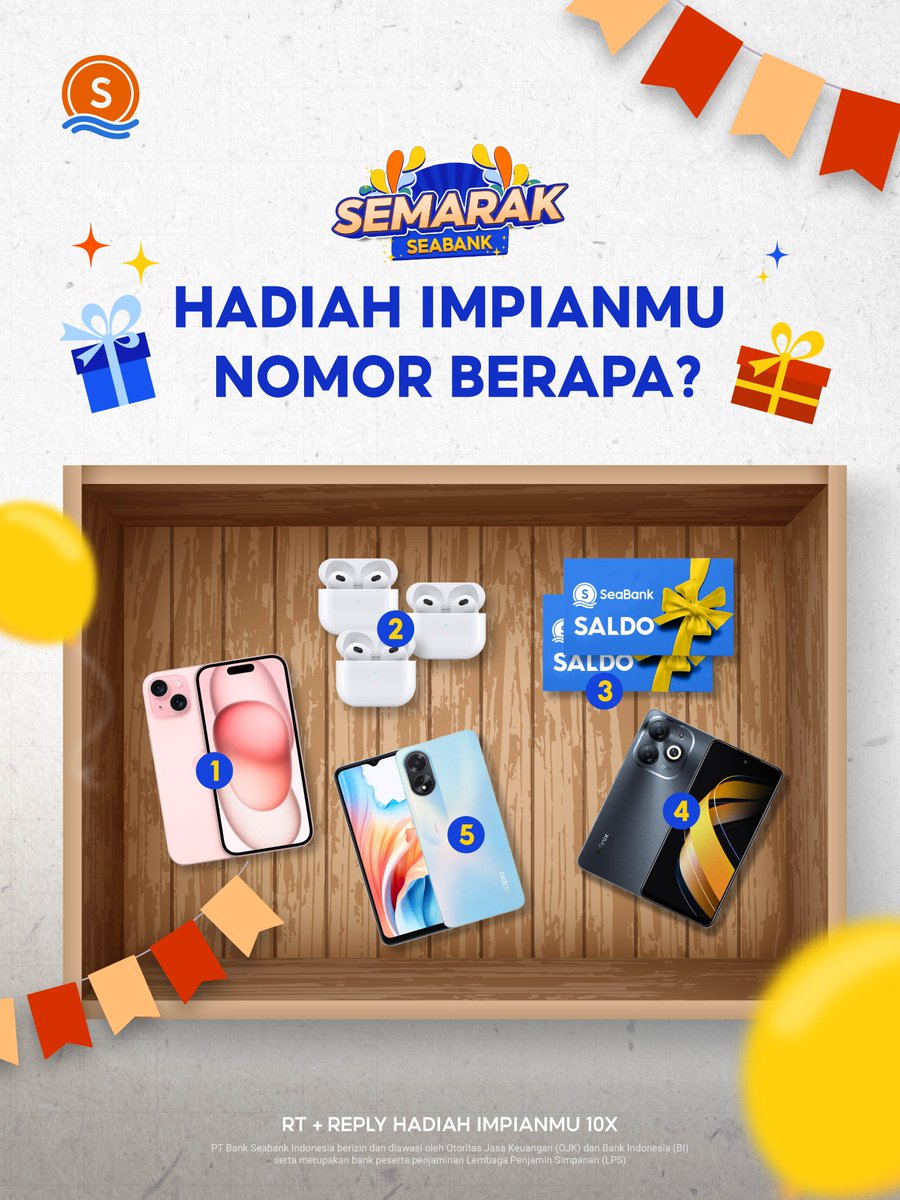 SeaBankID's tweet image. HADIAHMU ADA DI NOMOR BERAPA? 💭

Coba tentuin dulu mau hadiah yang mana 🤓 Yuk, RT + REPLY HADIAH IMPIANMU SEBANYAK 10X! Siapa tahu kamu beruntung 🤫
