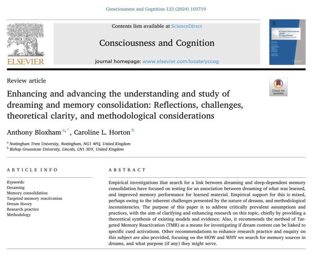 Are dreams related to the consolidation of memory during sleep? Excellent very critical review now published by Anthony Bloxham <a href="/NottmTrentUni/">Nottingham Trent University</a> &amp; Caroline Horton <a href="/sleepandmemory/">DrEAMSLab</a> @BGULincoln. 
sciencedirect.com/science/articl…