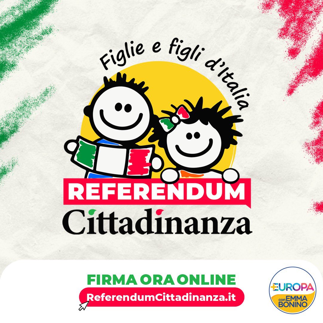 Firma ora il #ReferendumCittadinanza per garantire a tutte le figlie e a tutti i figli d’Italia le stesse opportunità.

Grazie a questo referendum, l’Italia si allinea alle norme sulla cittadinanza dei grandi Paesi europei: dopo 5 anni di permanenza legale in Italia, si potrà