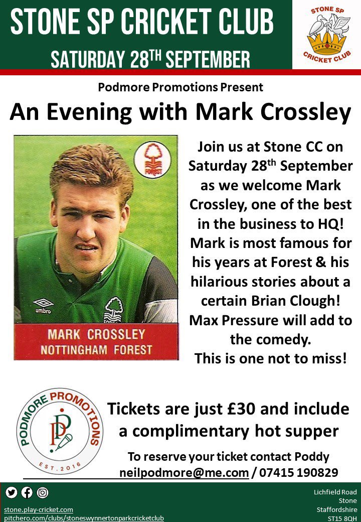 Many thanks for all you’re support. I’m pleased to announce we’re now on the verge of selling out. Looking forward to what will be a great evening with <a href="/bignorms/">Mark Crossley</a> <a href="/StoneSPCC/">Stone SPCC</a> <a href="/bitofstone/">Little Bit of Stone</a> <a href="/StoneDominoes/">StoneDominoesFC</a>