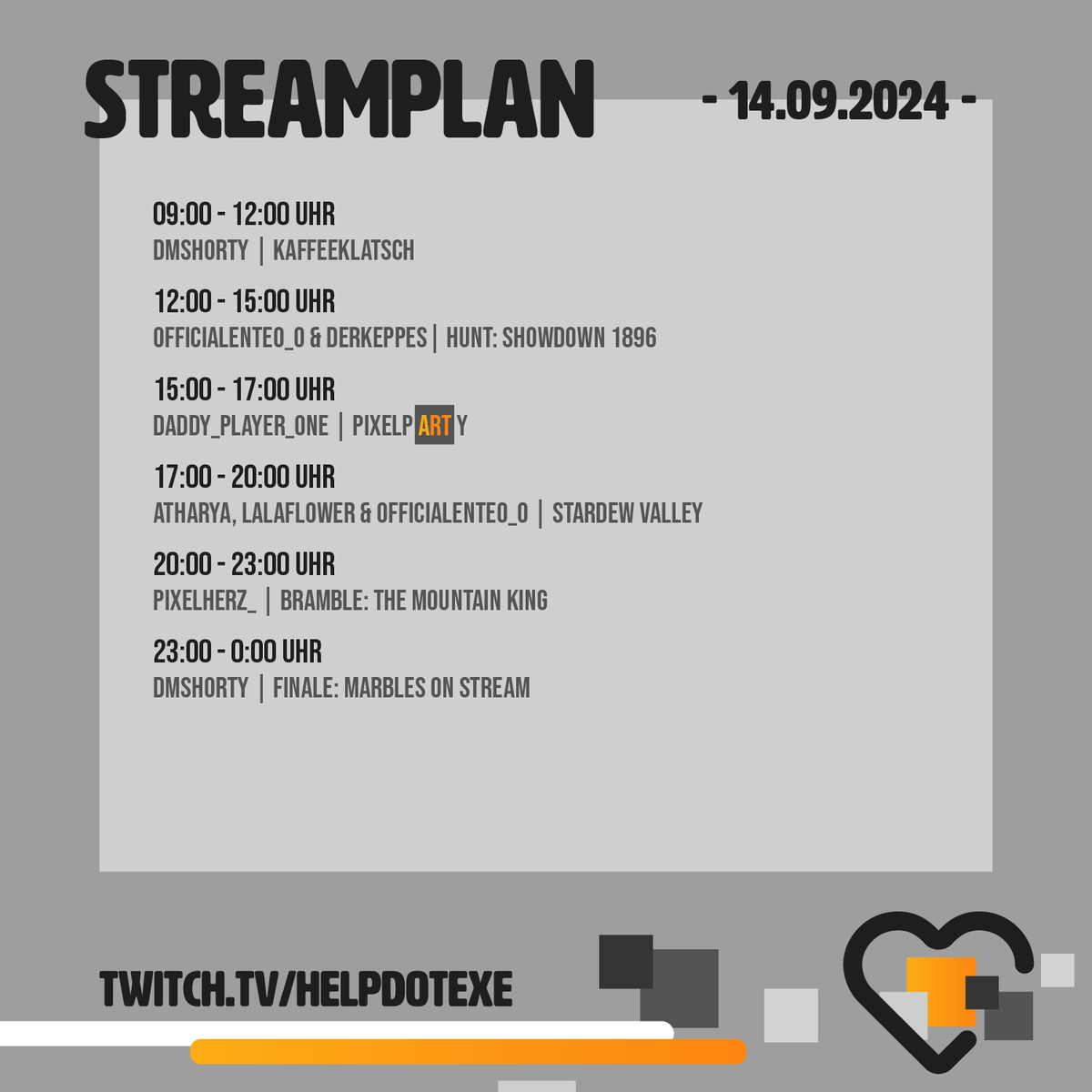 helpdotexe's tweet photo. Here we go! 🧡 Unser Streamplan steht! Wie gewohnt: tolle Streamer, abwechslungsreiches Programm!
Don't miss it! 🧡 13. + 14.09.2024
https://t.co/G9eWJbJX2D
#helpdotexe #charity #spendenstream #twitchde https://t.co/yPfyf2kbbh