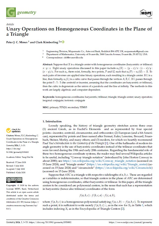 GeometryMDPI's tweet image. 📣 Find our newly published article here! 
📜 "Unary Operations on Homogeneous Coordinates in the Plane of a Triangle"
🔗 mdpi.com/3042-402X/1/1/2
#trilinear #triangle #isogonal #conjugate
@MDPIOpenAccess @ComSciMath_Mdpi