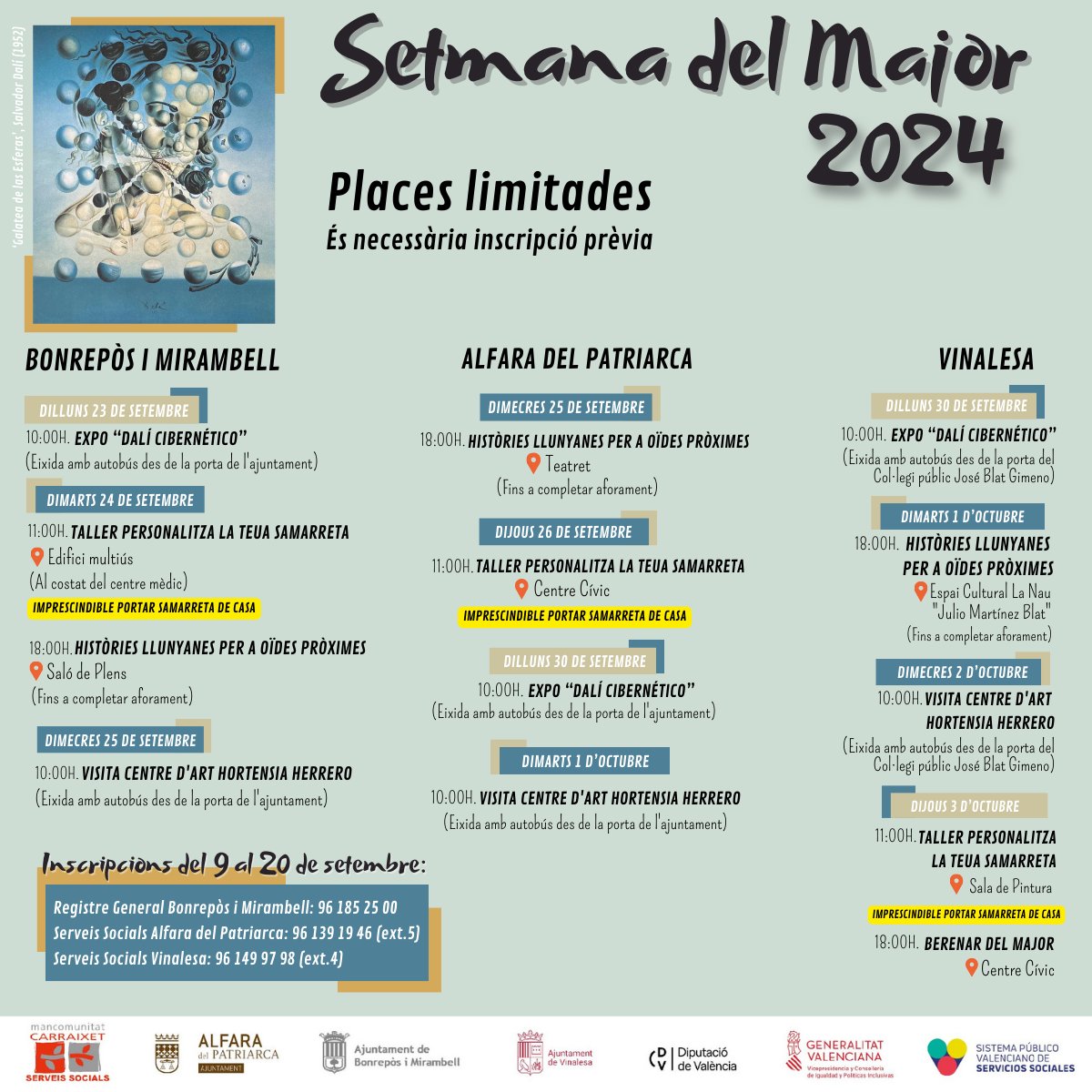 SERVEIS SOCIALS | SETMANA DEL MAJOR

Ja arriba la Setmana del Major 2024!

🎉 Celebrem aquesta setmana amb excursions i diferents activitats que no et pots perdre.

📞 Consulta els telèfons en el cartell o acudeix de manera presencial a Serveis Socials.

⚠️Places limitades.⚠️