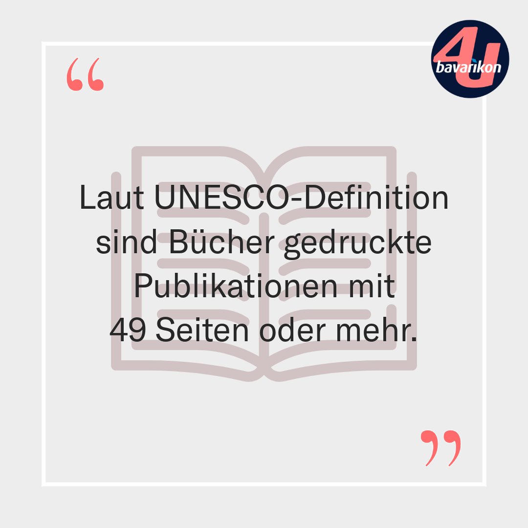 Wann ist ein #Buch ein Buch? 📖
Laut der #UNESCO dürfen sich Publikationen erst ab einem Umfang von mindestens 49 Seiten so nennen. Alles darunter sind z.B. #Magazine oder #Broschüren. 📚

Mehr #Funfacts auf Bavarikon4U: bavarikon4u.de 💡

#LieseinBuchTag #Bücher #Lesen