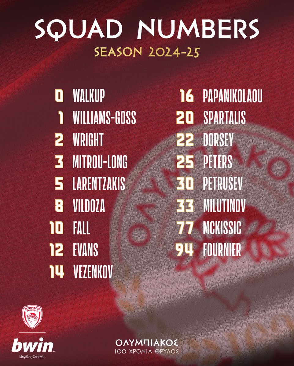 Season 2024-25: SQUAD NUMBERS 🔴⚪️

#OlympiacosBC #WeAreOlympiacos #TogetherWeFight