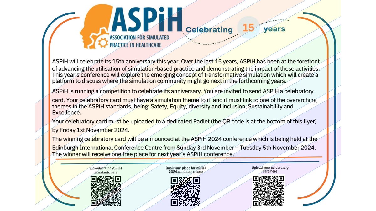 #ASPiH is running a competition to celebrate its 15th  anniversary &amp; you are invited to send us a card

Make it imaginative, make it fun, make sure it is aligned with  the ASPiH standards &amp; you might win your place at next year’s conference

uod.padlet.org/kjstirling/wel…

#Simulation