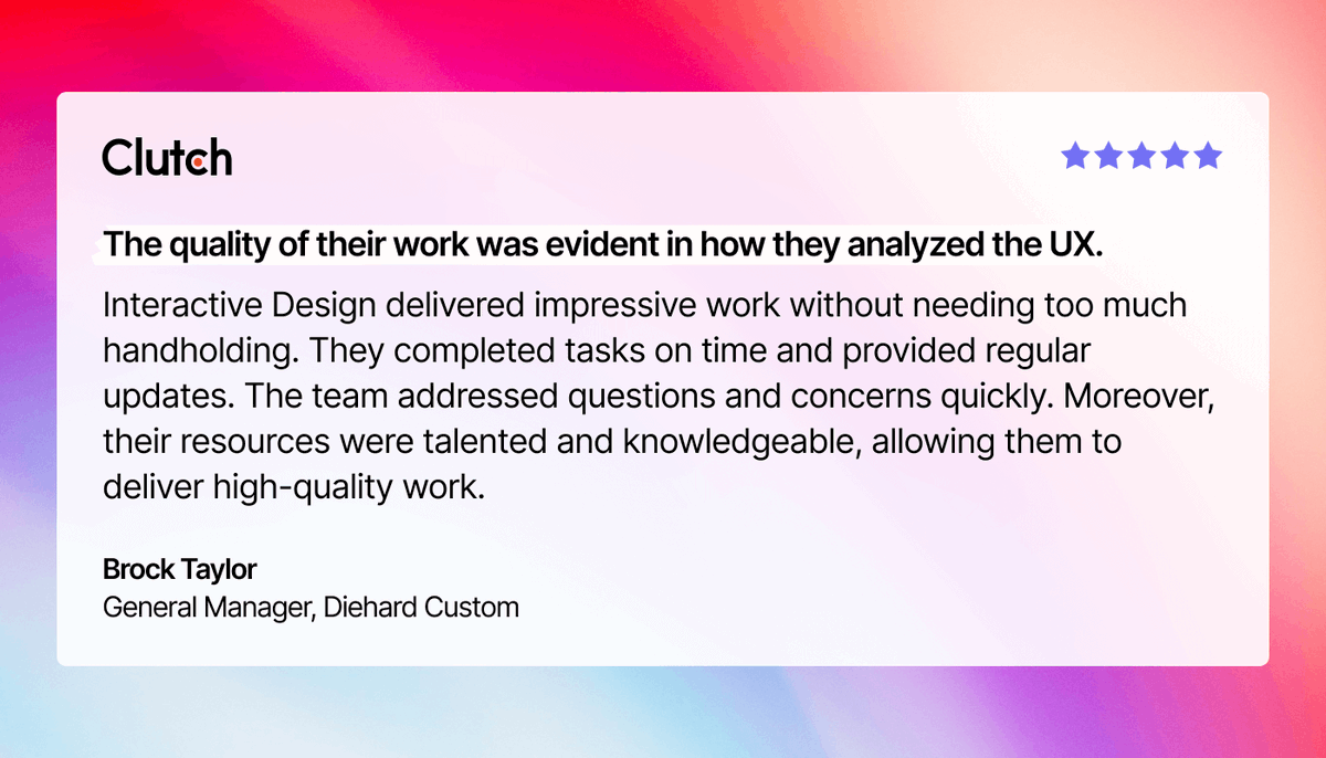 id_interactive's tweet photo. We're excited to share a new testimonial from Brock Taylor! Read the full testimonial on our Clutch account. Customer feedback is invaluable to us, as it helps us understand your needs and preferences better. #ClientTestimonial #Feedback #InteractiveDesign #Testimonial https://t.co/MRXSxfKVDe