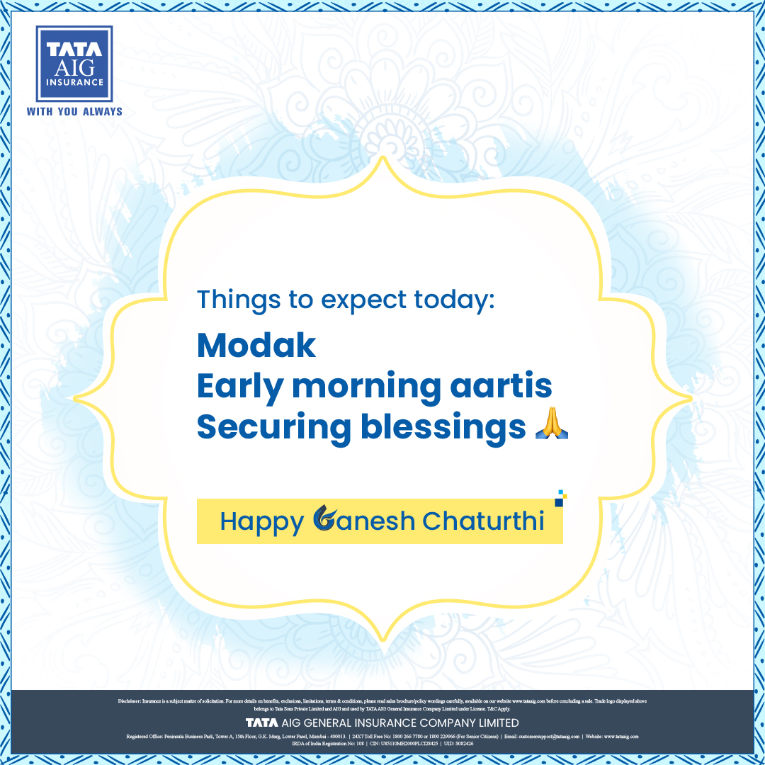 TATAAIGIndia's tweet photo. May he secure you from all the obstacles that come your way and exceed your expectations.​
​
Wishing you all a very Happy Ganesh Chaturthi🙏
​
#TATAAIG #TrustedNameCompleteClaim #TrustedNaamFantasticKaam #GaneshChaturthi #Blessings #CompleteClaims https://t.co/MExJWpTH1k