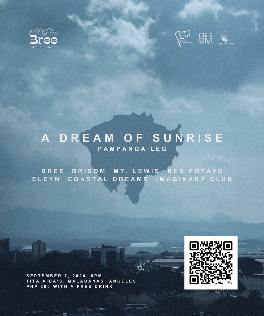 A DREAM OF SUNRISE heads to Pampanga tomorrow. 🗻

📍 Tita Aida's, Angeles City
🎫 P300 (with free drink)

🗻 <a href="/musicofbree/">Breē</a> 
🎸 <a href="/Brisomph/">BRISOM</a>
🌄 <a href="/mtlewismusic/">Mt. Lewis</a>
🥔 Bed Potato
🦉 <a href="/eleynmusicph/">ｅｌｅｙｎ</a>
🌊 Coastal Dreams
🌈 Imaginary Club

STREAM THE ALBUM: bit.ly/4dIuKyO
<a href="/offshoremusicph/">Offshore Music</a>