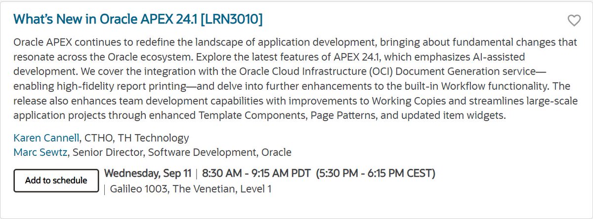 Mónica Godoy #orclAPEX 🚀 (@signal006) on Twitter photo On your way to Oracle CloudWorld? ☑
Looking to learn about Oracle APEX? ☑
Then don't miss your chance to learn what's new in APEX 24.1 with <a href="/msewtz/">Marc Sewtz</a> and <a href="/thtechnology/">Karen Cannell</a> on Wednesday!
Register: reg.rf.oracle.com/flow/oracle/oc…
#orclAPEX #LowCode On your way to Oracle CloudWorld? ☑
Looking to learn about Oracle APEX? ☑
Then don't miss your chance to learn what's new in APEX 24.1 with <a href="/msewtz/">Marc Sewtz</a> and <a href="/thtechnology/">Karen Cannell</a> on Wednesday!
Register: reg.rf.oracle.com/flow/oracle/oc…
#orclAPEX #LowCode