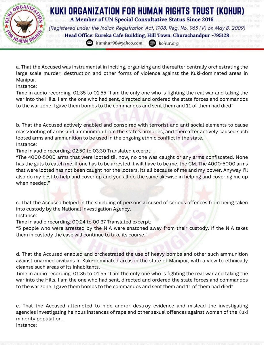 KhongsaiChanu's tweet photo. Manipur : The Kuki Organisation for Human Rights writes to the Supreme Court official demanding probe against N.Biren Singh on evidence indicating that there was a plot to carry out Ethnic Cleansing against the Kuki minorities in the State.
@MIB_India @PIBHomeAffairs @PIB_India https://t.co/Lw7Tvu27t0
