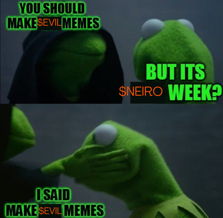 evilkermit__sol's tweet photo. thinking we should run a meme contest to celebrate the $EVIL takeover on @solana 😈

100,000 $EVIL

requirements: 
✔️RT 
✔️Like
✔️Reply with your memes and will draw a winner in ~24hrs 😈😈😈😈😈 https://t.co/DWi0amRShN