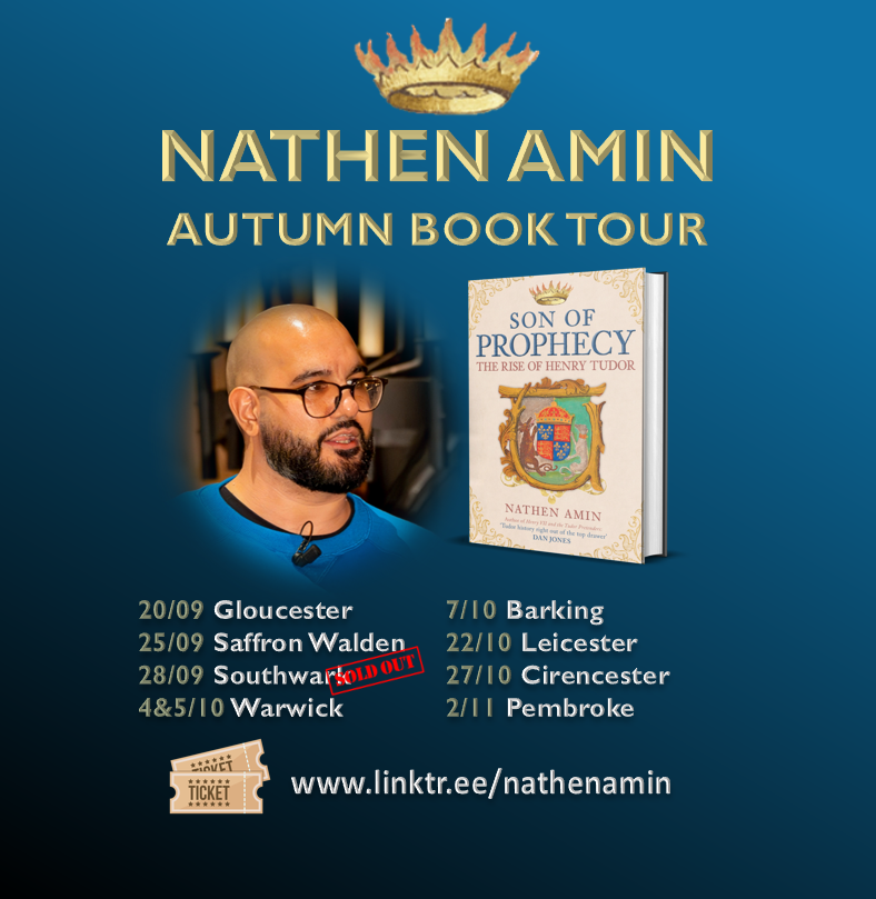 NathenAmin's tweet photo. This Autumn 🍂 we are hitting the road, much like Henry Tudor's army back in 1485. Come and hear me talk about the overlooked origins of the Tudor dynasty and how rebels became kings. Full information and tickets in the link shown. I'll see you there. https://t.co/YZx1JeuQGh