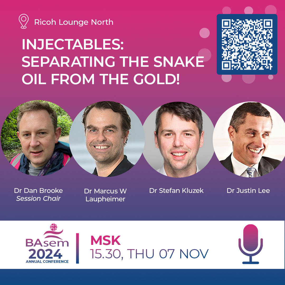 basem_uk (@basem_uk) on Twitter photo 🚨 BASEM 2024 Conf Session Preview:
💉Injectables: Separating the Snake Oil from the Gold!
Chair: <a href="/dan_brooke/">Dr Dan Brooke</a>
Explore steroids, PRP, stem cells & more in sports/MSK medicine. Get evidence-based insights & join the debate
🔗 bit.ly/3XippI5 🚨 BASEM 2024 Conf Session Preview:
💉Injectables: Separating the Snake Oil from the Gold!
Chair: <a href="/dan_brooke/">Dr Dan Brooke</a>
Explore steroids, PRP, stem cells & more in sports/MSK medicine. Get evidence-based insights & join the debate
🔗 bit.ly/3XippI5