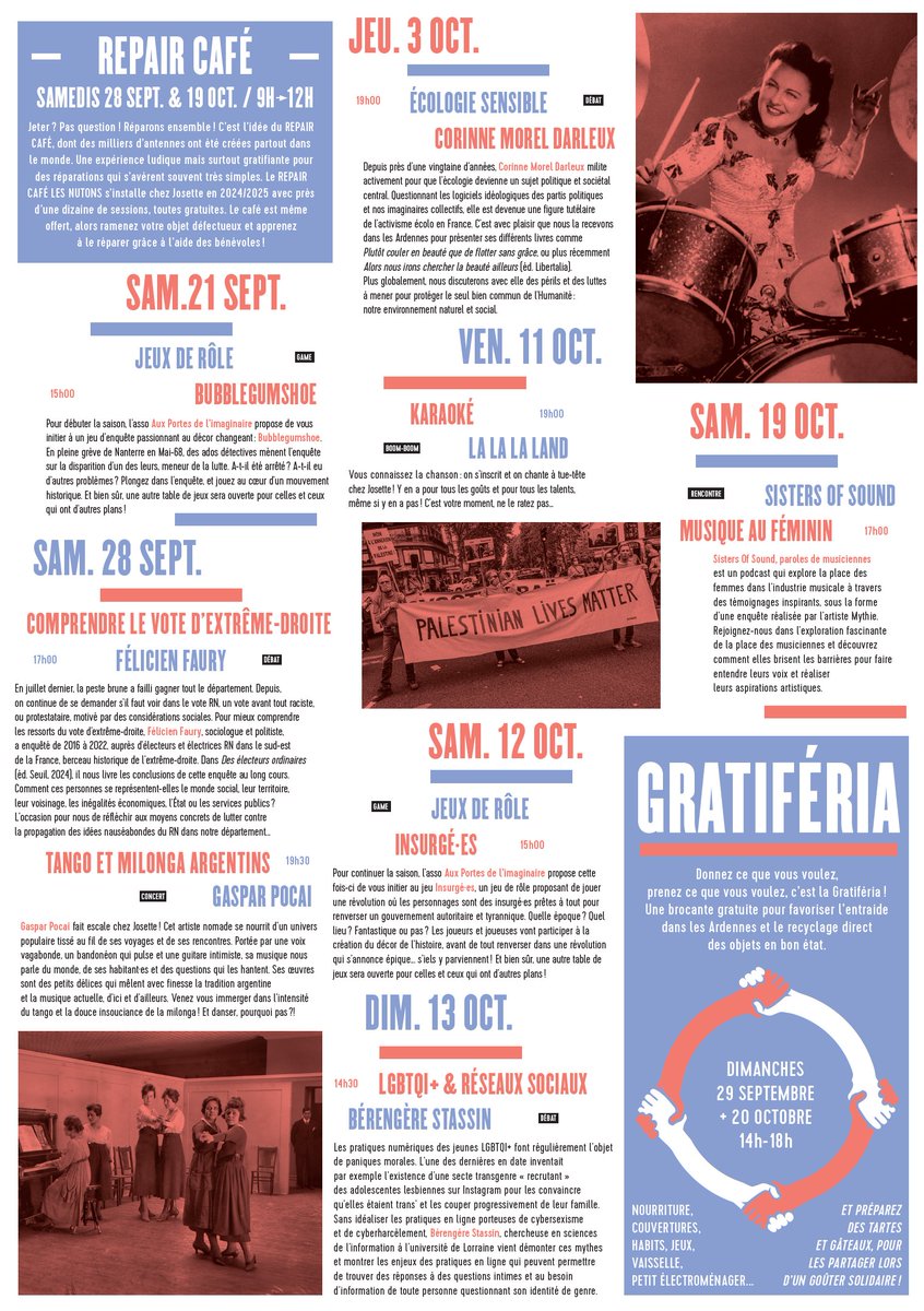 Chez Josette (@chezjosette) on Twitter photo Hé ho ! - Chez Josette - Saison 5 - Let's Go !
🎺Anniversaire en Fanfares
🚀Conquête spatiale <a href="/Ed_Lafabrique/">La fabrique éditions</a>
🌳<a href="/cmoreldarleux/">corinne morel darleux</a> <a href="/LibertaliaLivre/">Éditions Libertalia</a>
🐖Comprendre le vote ED Félicien Faury <a href="/EditionsduSeuil/">Éditions du Seuil</a>
🌈Non mixité Trans
📱Stop numérique <a href="/Ruedelechiquier/">Rue de l’échiquier</a>
🛠️Repair Café
🫂Gratiféria Hé ho ! - Chez Josette - Saison 5 - Let's Go !
🎺Anniversaire en Fanfares
🚀Conquête spatiale <a href="/Ed_Lafabrique/">La fabrique éditions</a>
🌳<a href="/cmoreldarleux/">corinne morel darleux</a> <a href="/LibertaliaLivre/">Éditions Libertalia</a>
🐖Comprendre le vote ED Félicien Faury <a href="/EditionsduSeuil/">Éditions du Seuil</a>
🌈Non mixité Trans
📱Stop numérique <a href="/Ruedelechiquier/">Rue de l’échiquier</a>
🛠️Repair Café
🫂Gratiféria